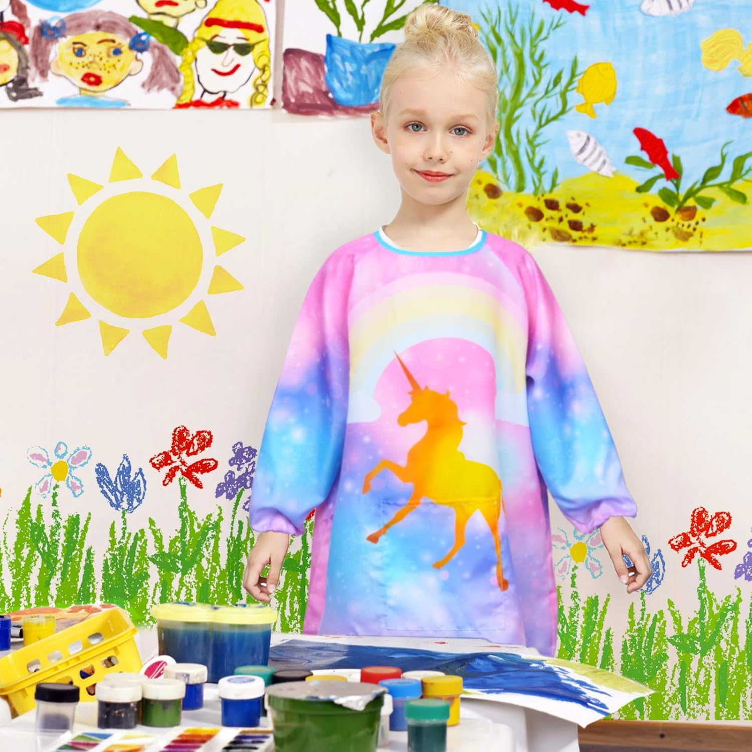 Fiodrimy Kids Art Smock, Unicorn Painting Smocks with Pocket, Waterproof Artist Long Sleeve Artist Apron for Child Girls Boys 8-12 Years, Large image number 3