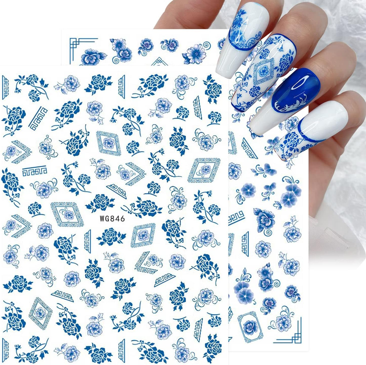 8 Sheets Blue and White Porcelain Nail Art Stickers Decals Self-Adhesive Pegatinas Para U&ntilde;as Retro Elements Tiger Lion Dragon Flowers Design Manicure Tips Nail Decoration for Women Girls