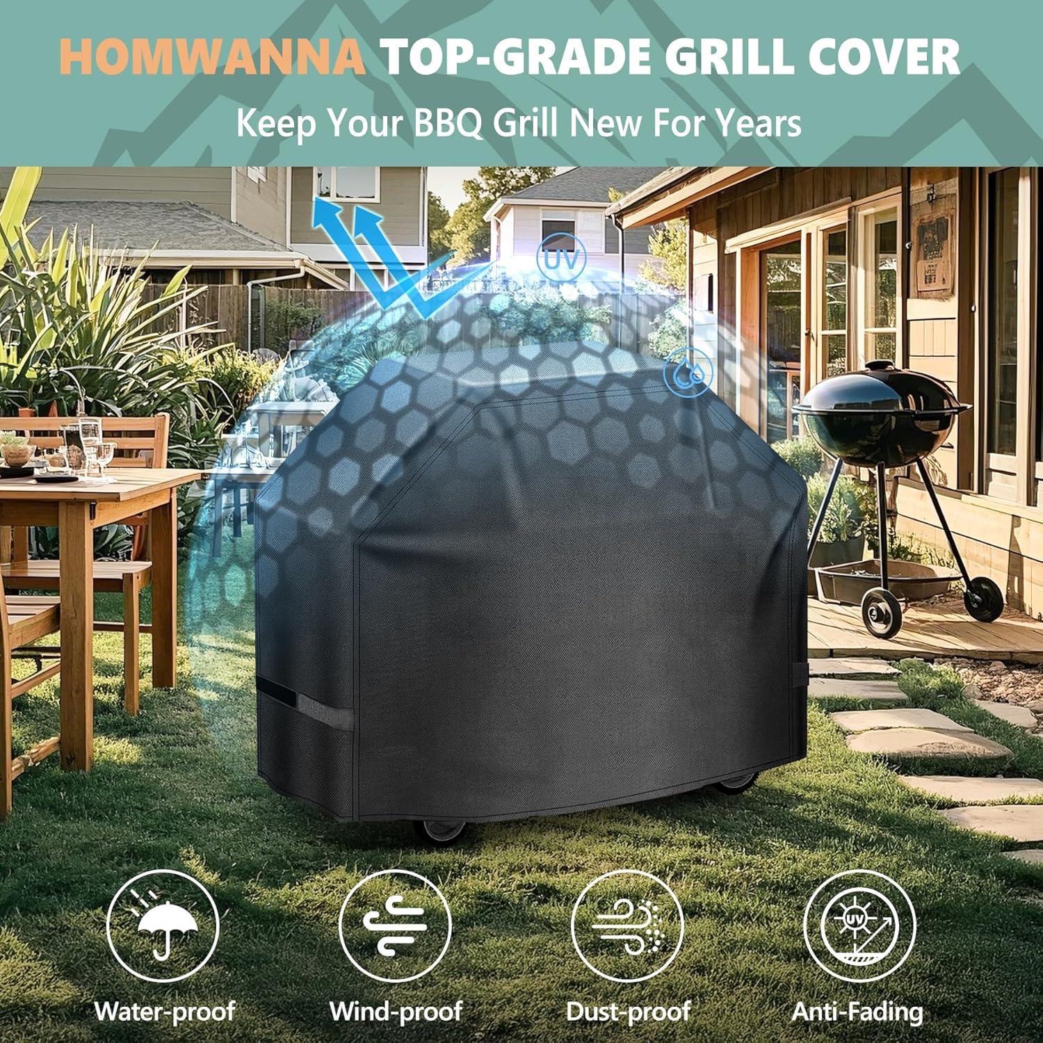 Homwanna BBQ Cover 132CM - 600D Grill Cover for Weber Spirit 300 & Spirit 400 Series Grills - Outdoor Barbecue Covers Waterproof Heavy Duty for Weber Spirit E310, E315, E325, E330, E-425 and E-435 image number 3
