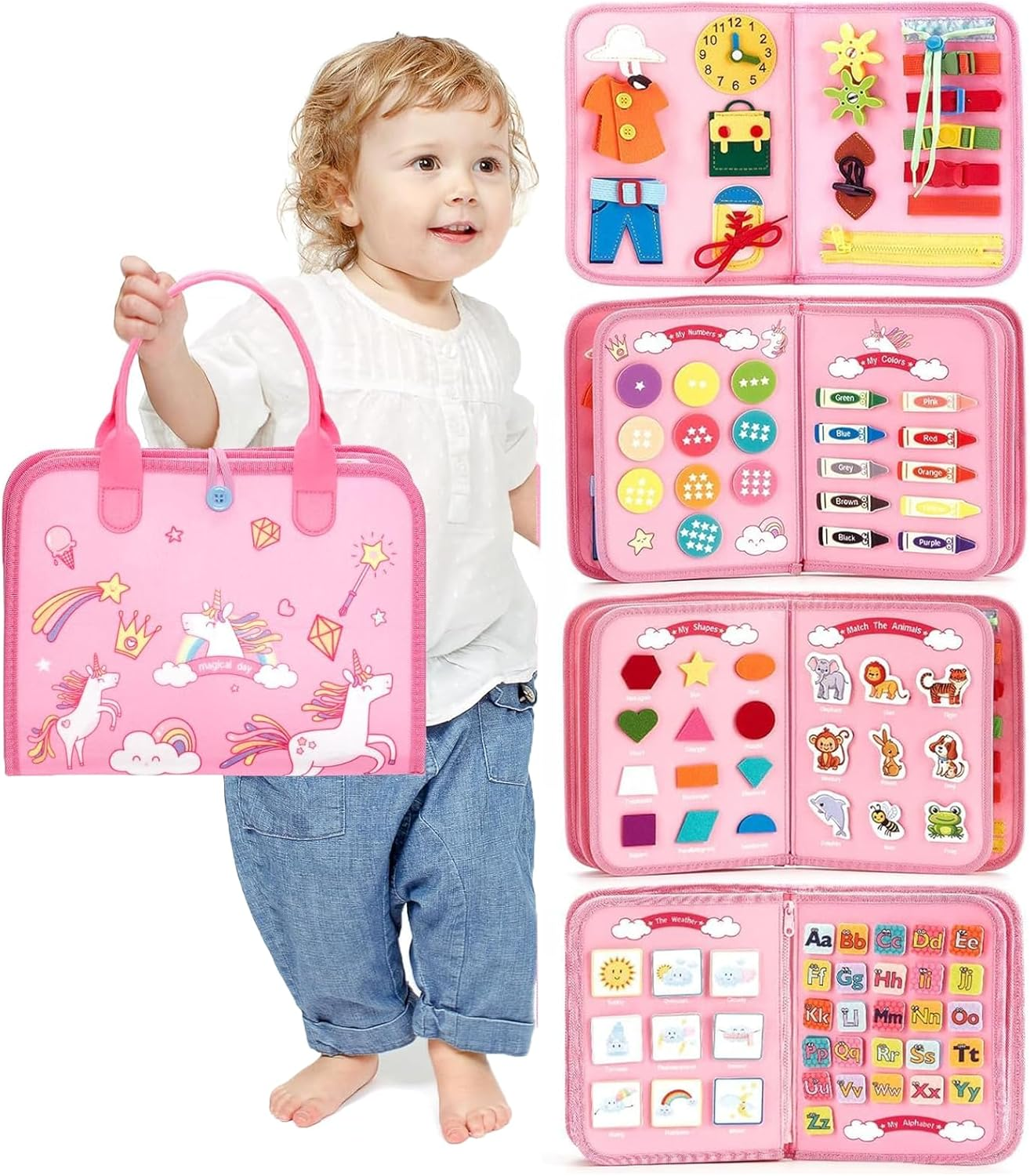 Busy Board for Toddlers, Montessori Toys for 1 2 3 4 Year Old, Busy Book for Educational Activities Playing, Baby Travel Toys for Plane Car, Birthday Gifts for Girls Boys (Pink) image number 4