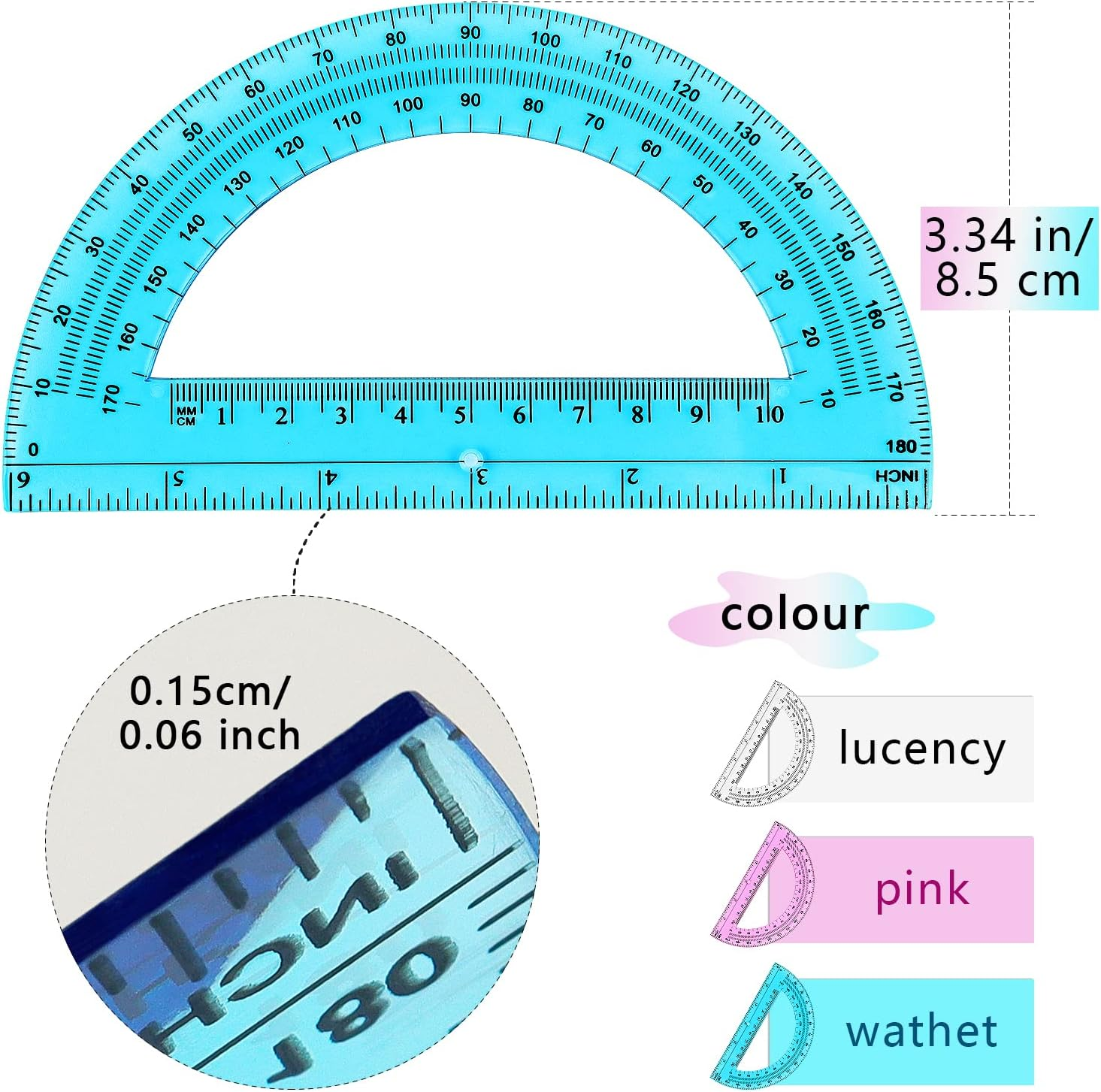 12 Pack Plastic Protractor 6 Inches Math Protractors 180 Degrees for School Office Supplies, Clear/Blue/Pink image number 5
