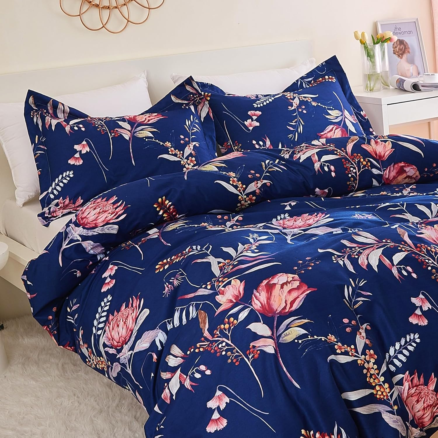 JSD Green Floral Printed Duvet Cover Set Queen, 3 Piece Microfiber Botanical Comforter Cover with Corner Ties Zipper Closure