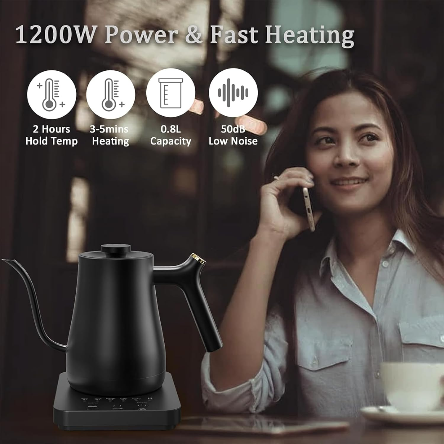 Electric Gooseneck Kettle, 5 Variable Precise Temperature Control, 2H Keep Warm, Stainless Steel Inner, Quick Heating, for Pour over Coffee, Brew Tea, Boil Hot Water, Boil-Dry Protection, 0.8L, Black image number 2