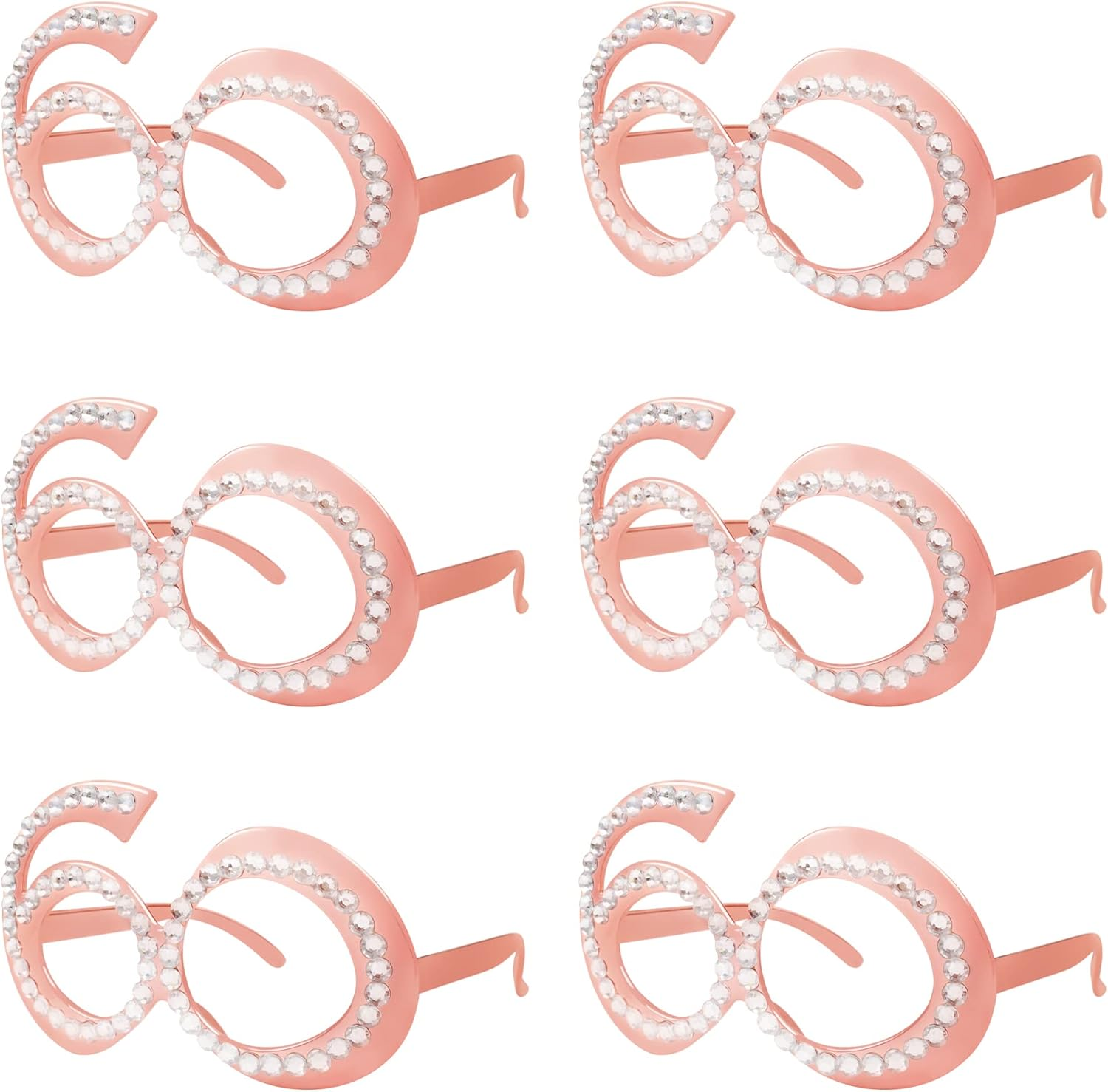 60Th Birthday Glasses - 6 Pairs Rose Gold 60 Years Old Glasses with Rhinestones Frame, Funny Plastic Costume Photo Booth Props for 60Th Anniversary Party Decorations
