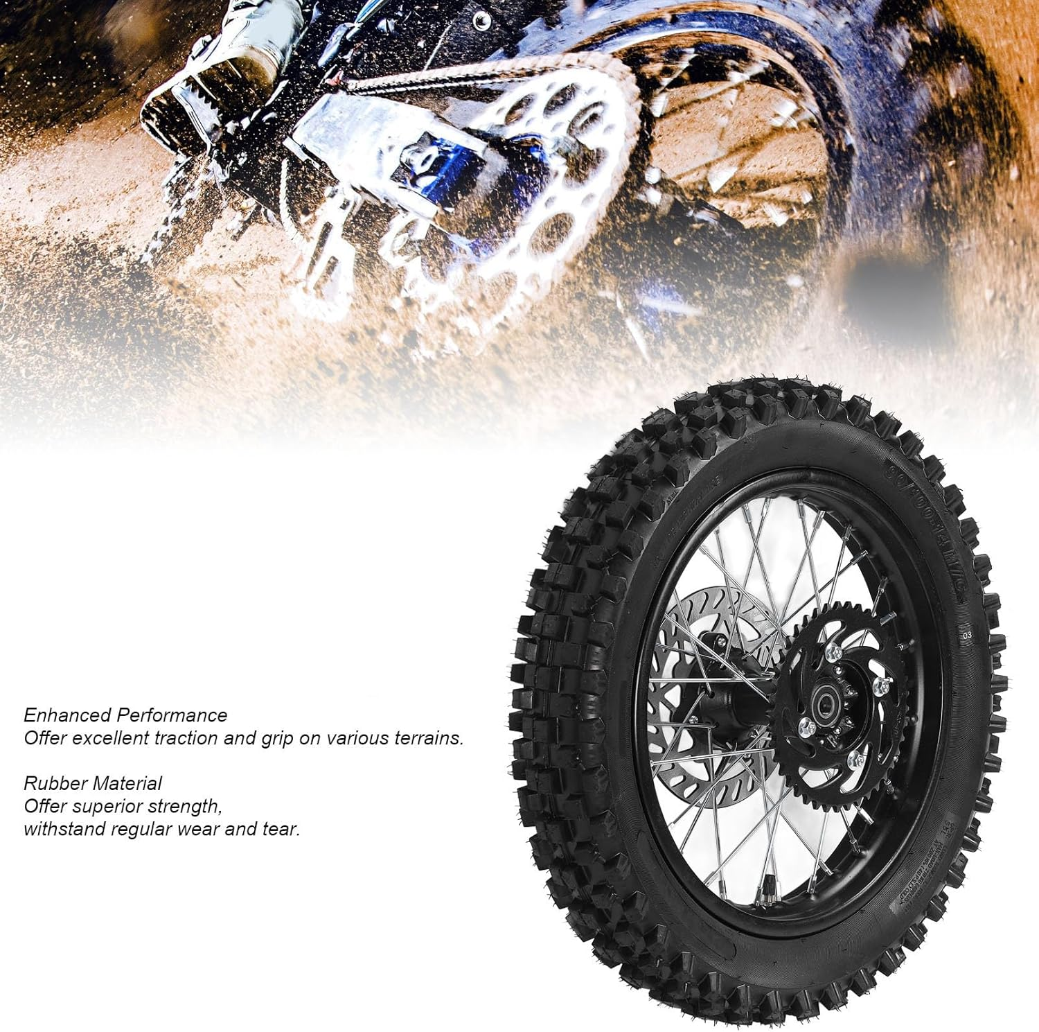 90/100-14 Rear Wheel Rim Tire, Rear Wheel Tire and Rim Inner Tube with 15Mm Bearing Assembly, Rotor & 420 41T Sprocket for Dirt Pit Bike Tao Kayo TSD 110 TD 125 image number 1