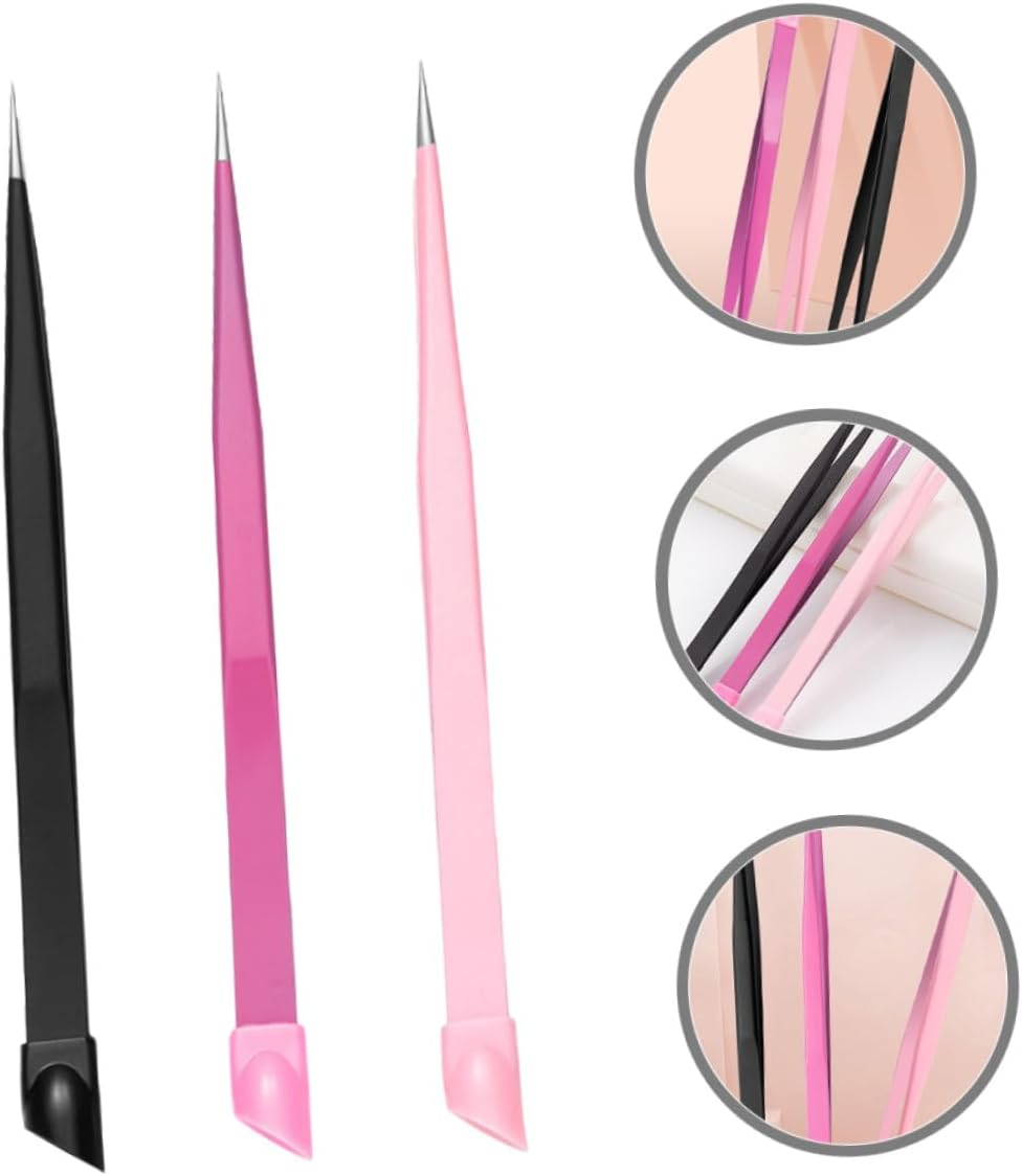 GRADENEVE 3Pcs Double-Ended Nail Picker Tweezers with Pressing Head for Nail Art Sticker Picking Eyelash Extensions Stainless Steel Crafting Tool Kit Pink Black Rose Red image number 5
