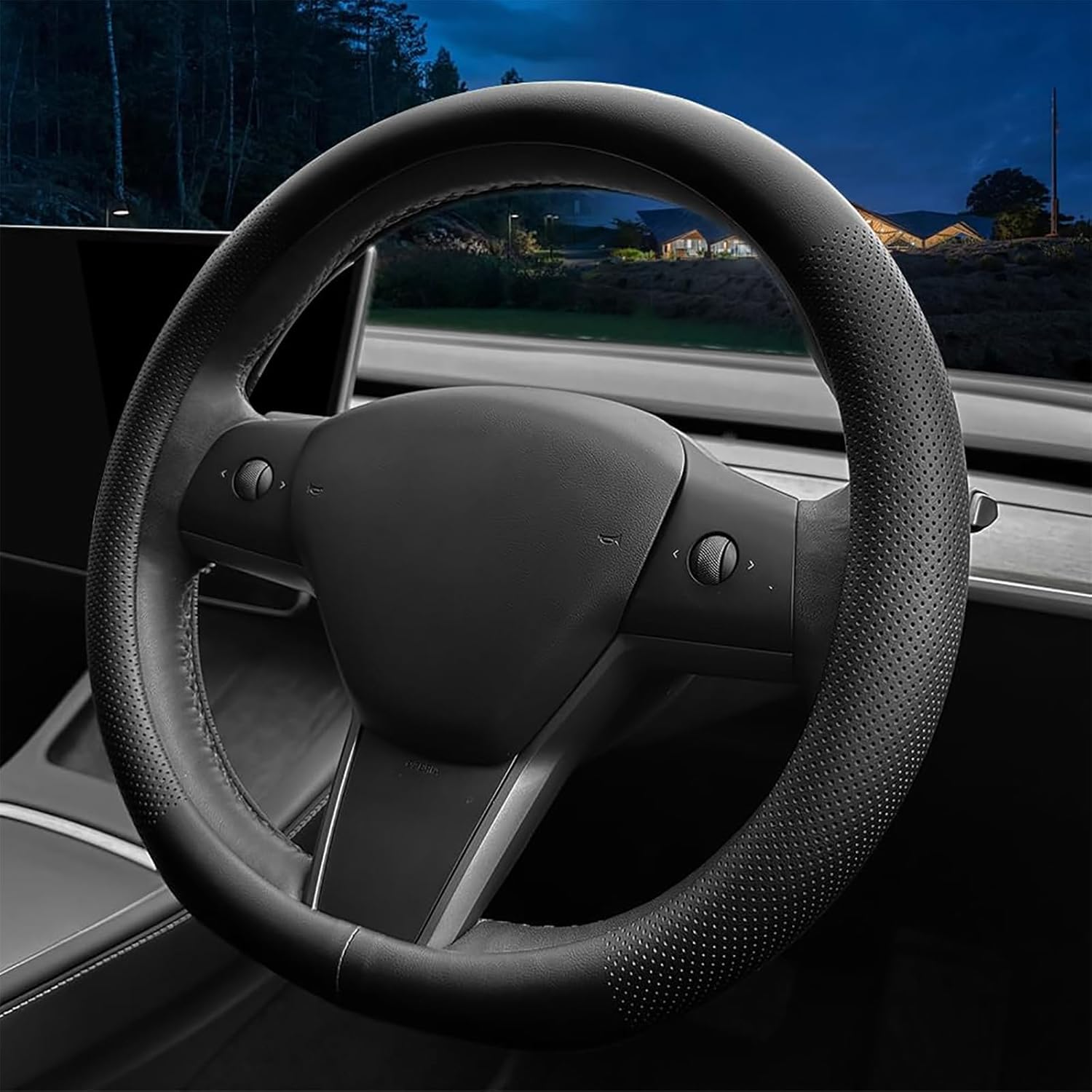 Car Steering Wheel Cover for Tesla Model 3 Highland 2025 2024 2023-2020/Model Y Juniper 2025 2024~2017, Non-Slip, Thin, Breathable, Odor-Free, Nappa Leather Full Surround Steering Wheel Covers image number 1