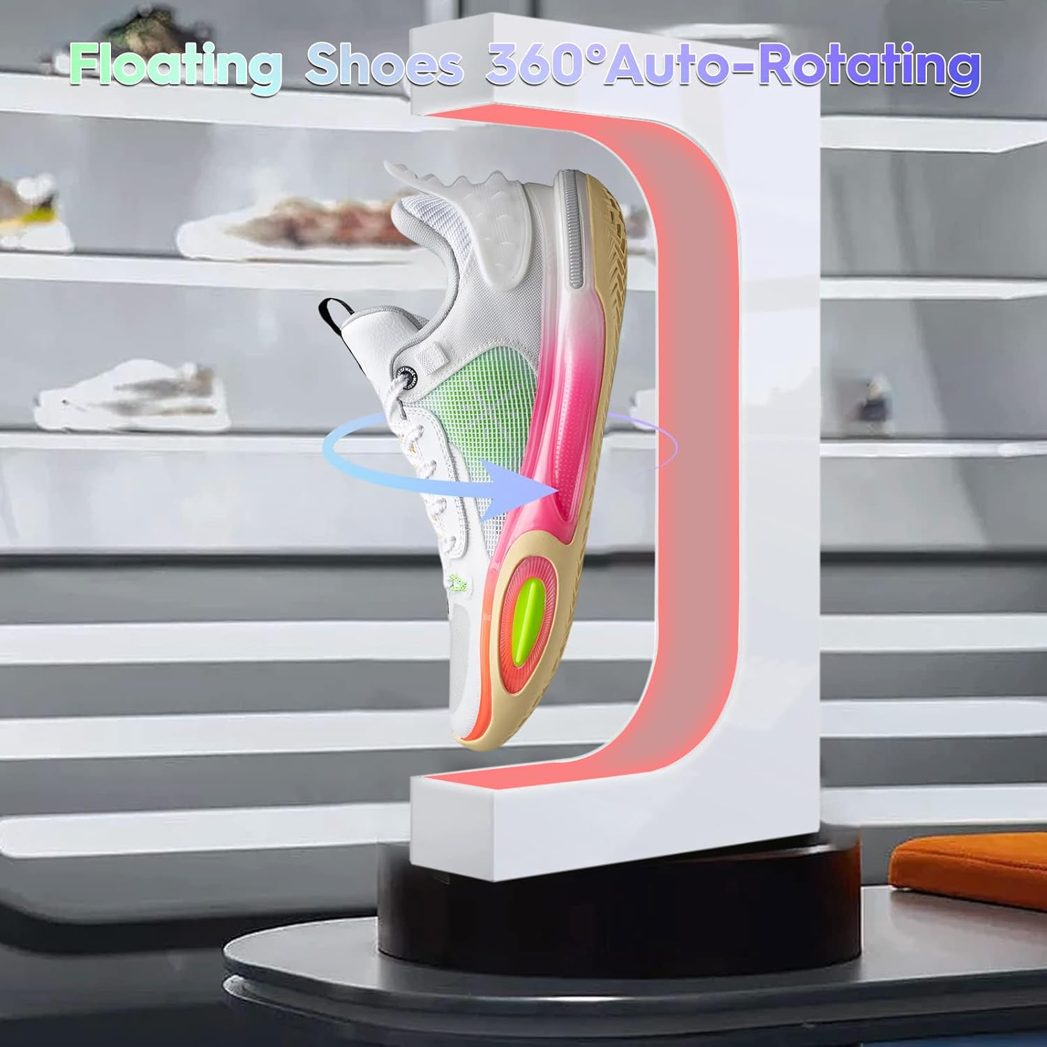 KAIGITE Magnetic Floating Shoe Display Stand, Rotating Levitation Shoe Rack with 16 Colors LED Lights, Levitating Sneaker Stand Holder for Shoe Collection Advertisement Exhibition (White) image number 2