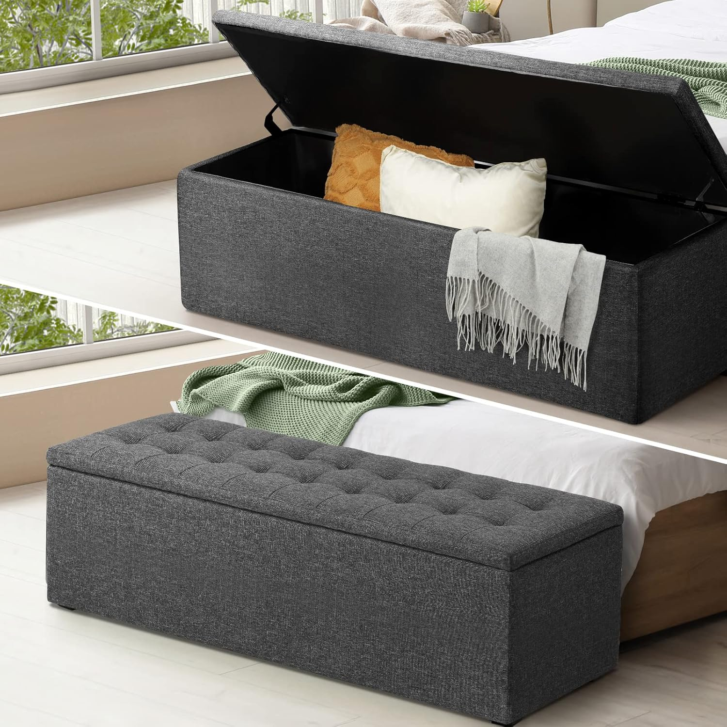 Oikiture 118.5Cm Ottoman Storage Blanket Box Linen Fabric Beige image number 5
