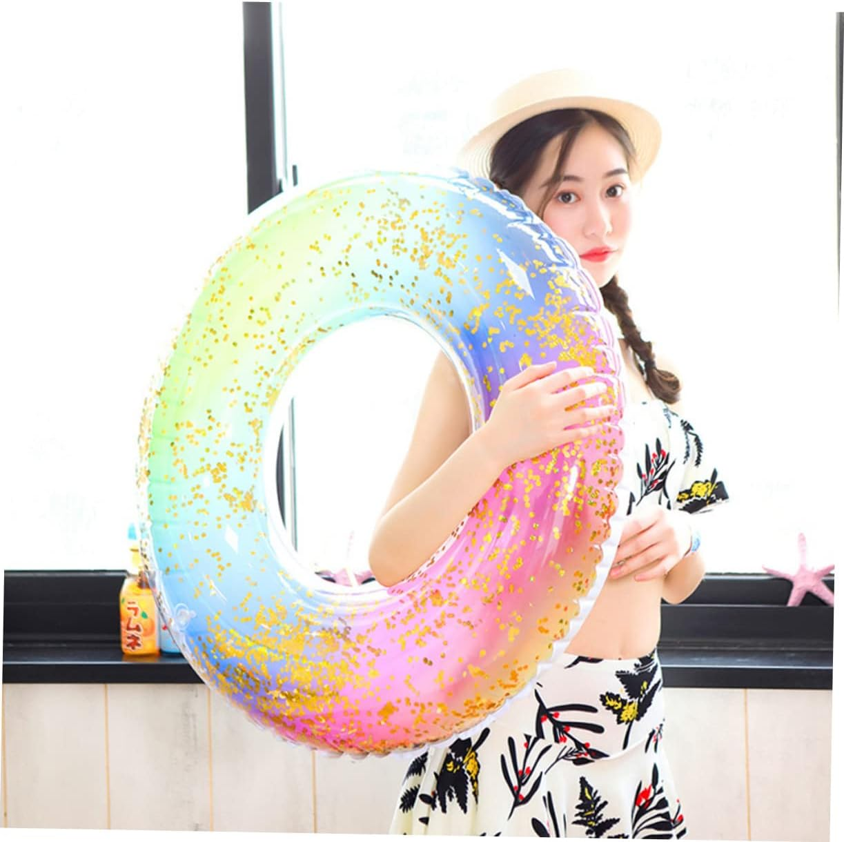 ERINGOGO Swimming Ring Adult Rainbow Inflatable Ring Sequins Translucent Gradient for Pool and Beach