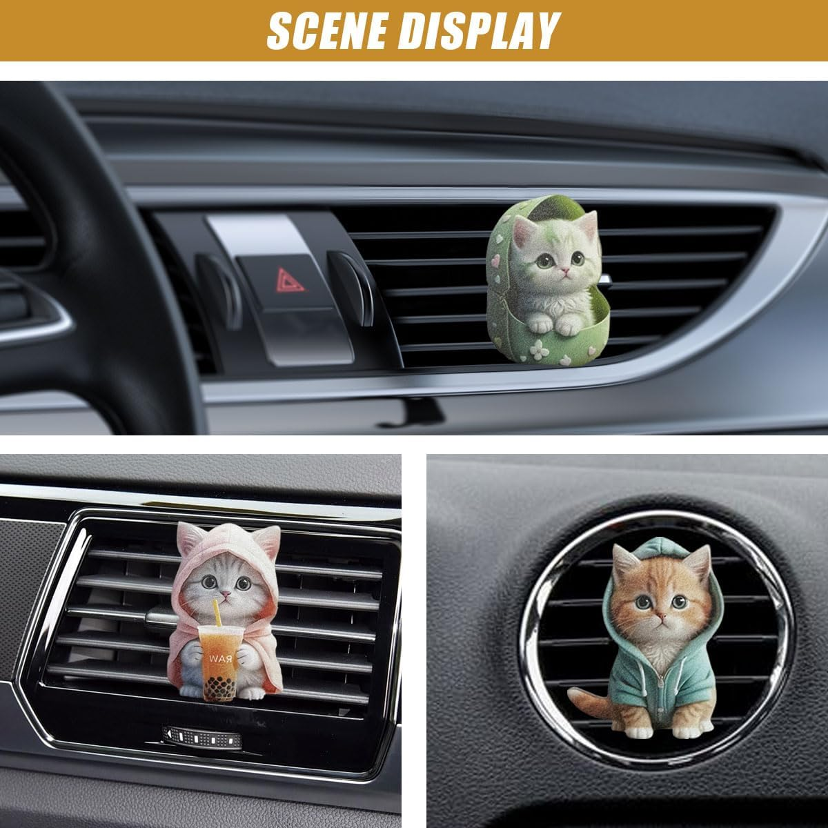 3PCS Cute Cat Car Air Freshener Vent Clips, 2D Flat Acrylic Cartoon Kitty Car Diffuser Air Conditioner Outlet Clip, Auto Interior Decoration Accessories for Most Vehicles (Blue/Pink/Green) image number 2