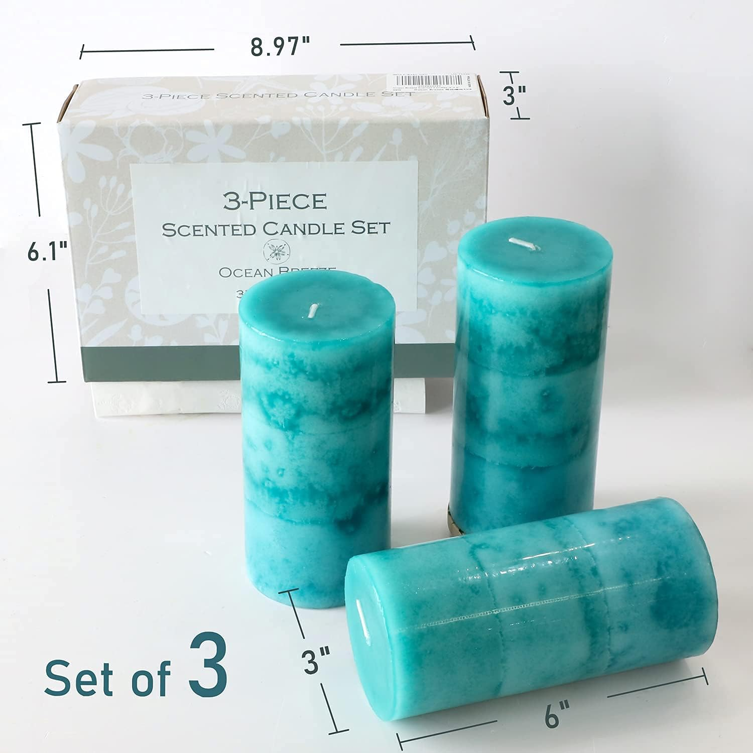 FLAVCHARM Pillar Scented Candles, Ocean Breeze, 3 Pack Teal 3X6 Inch Long-Lasting Clean Burning, Turquoise for Home D&eacute;cor, Bathroom, Wedding Decorations image number 2