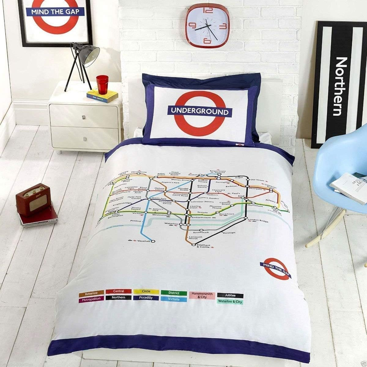Underground London Undgerground Tube Duvet Cover and Pillowcases Bed Set-King, Polyester-Cotton, White image number 3