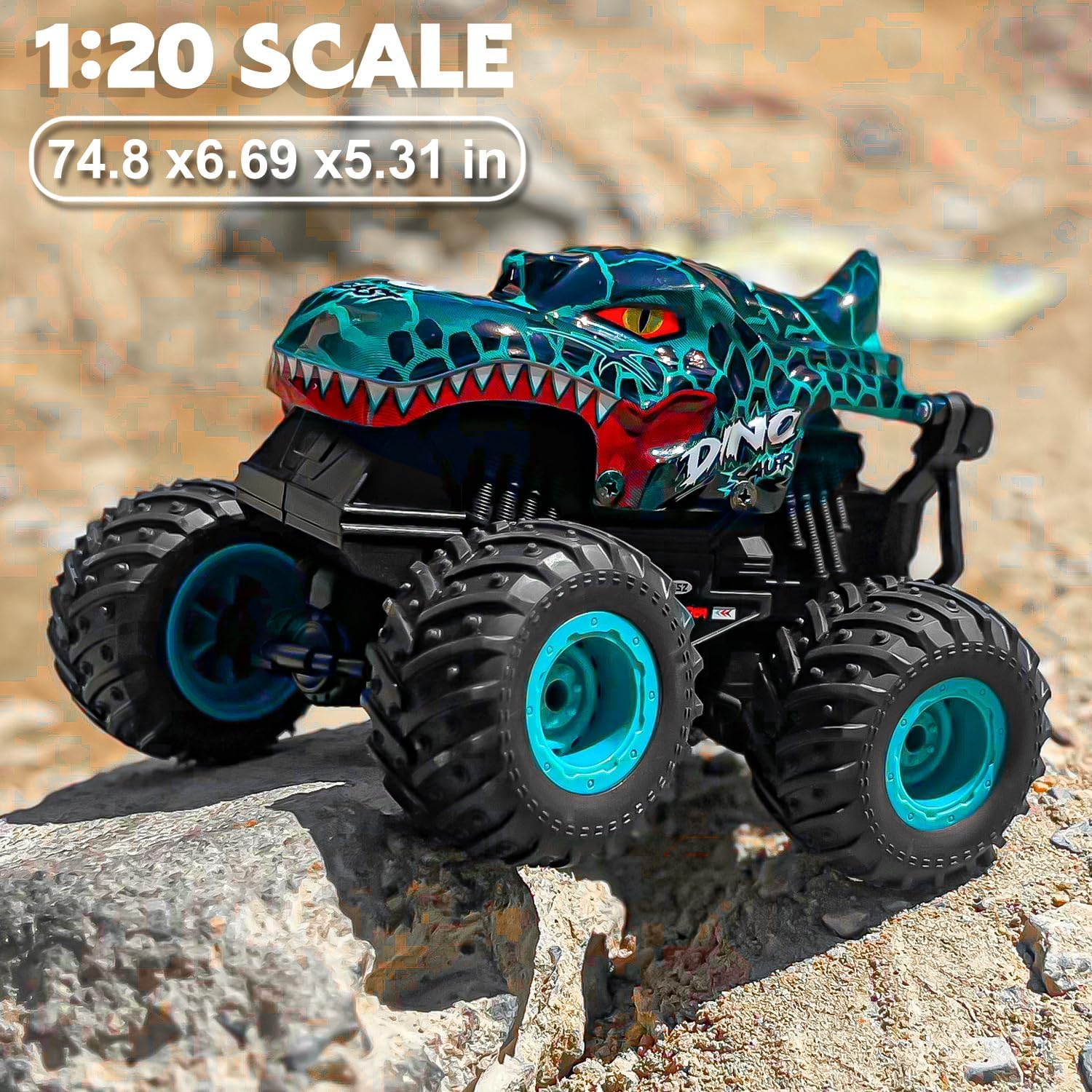 Remote Control Car, 2.4Ghz All Terrain Dinosaur Monster Truck Toys, RC Truck with Music, 3 Lighting Effects, 360 Stunt Capable, All Included Ready to Run, Toy Gifts for Boys and Girls (Cyan) - Green image number 2
