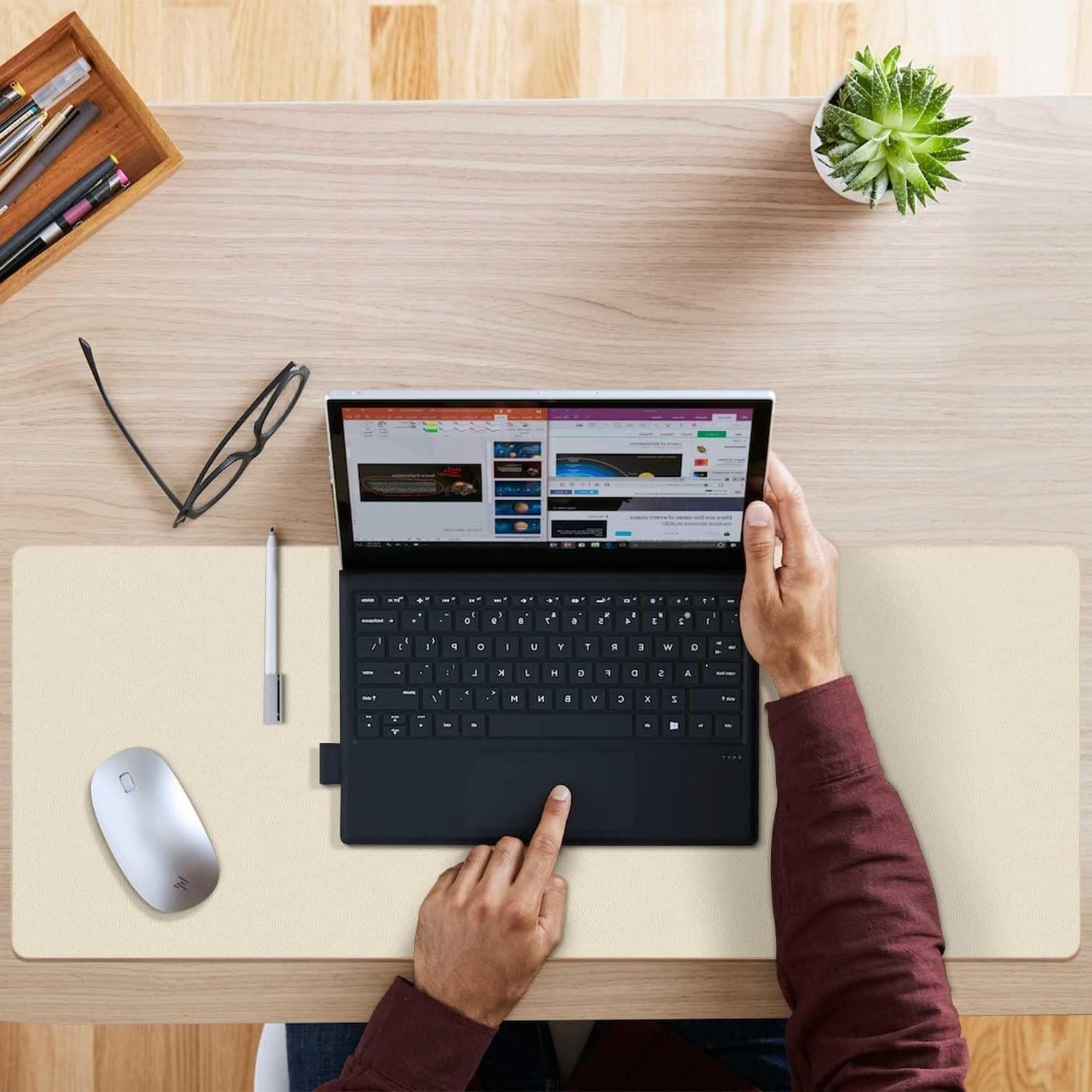 Leather Desk Pad Dual-Sided Cork & PU, 80X40Cm Large Computer Desk Mat - Waterproof Keyboard Pad Desk Mouse Pad for Home Office Accessories, Beige image number 4