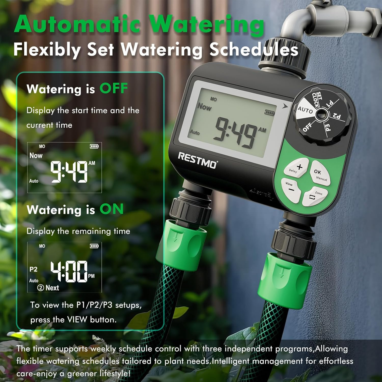 Restmo Water Timer with 3 Separate Programs, 7-Day Programmable Sprinkler Timer for Garden Hose, Automatic Control/Manual/Rain Delay for Drip Irrigation, Lawn and Yard Watering System, 2 Zone image number 4