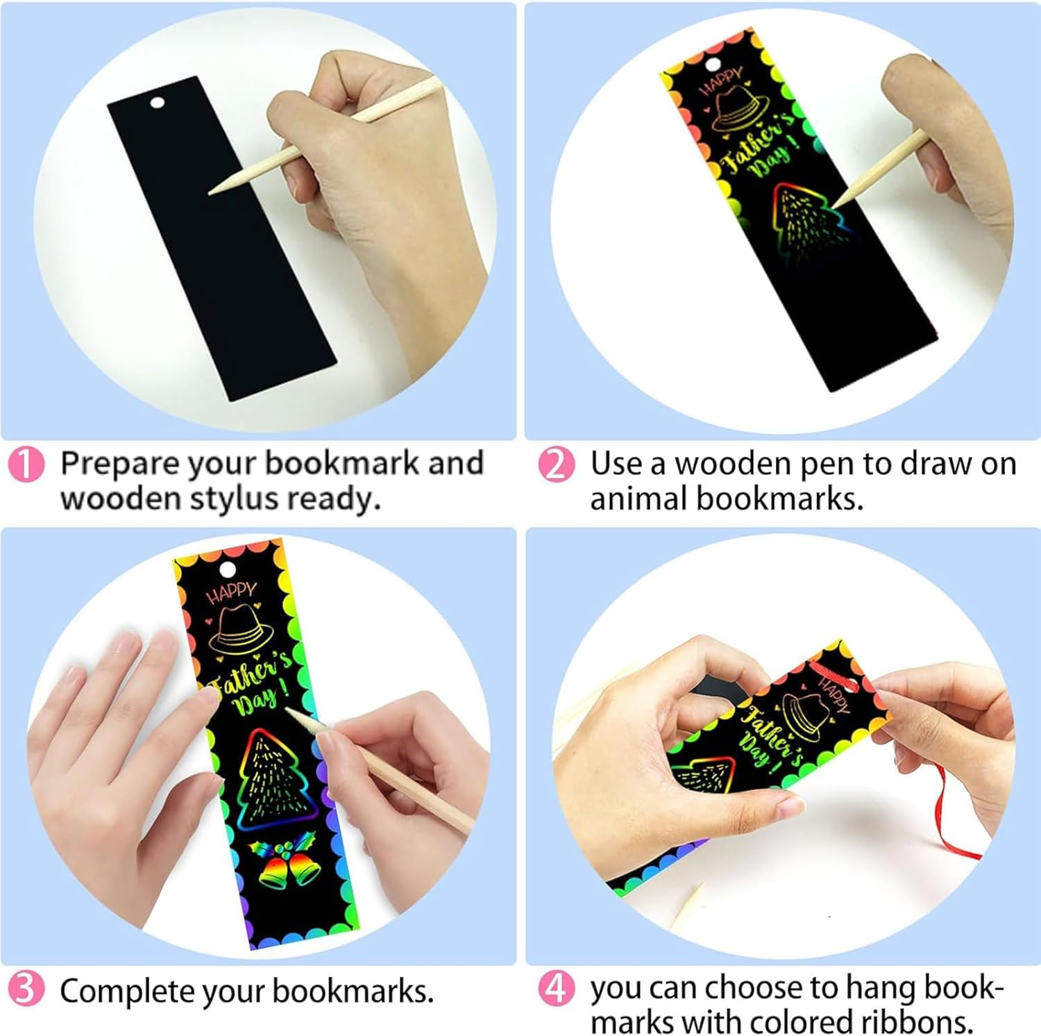 60Pc Animal Scratch Art Bookmarks Kit with 30 Wooden Styluses & 60 Ribbons - Creative DIY Craft Party Favors for Kids, Classroom Rewards, Birthday Gifts for Girls Boys (Rainbow Design) image number 4