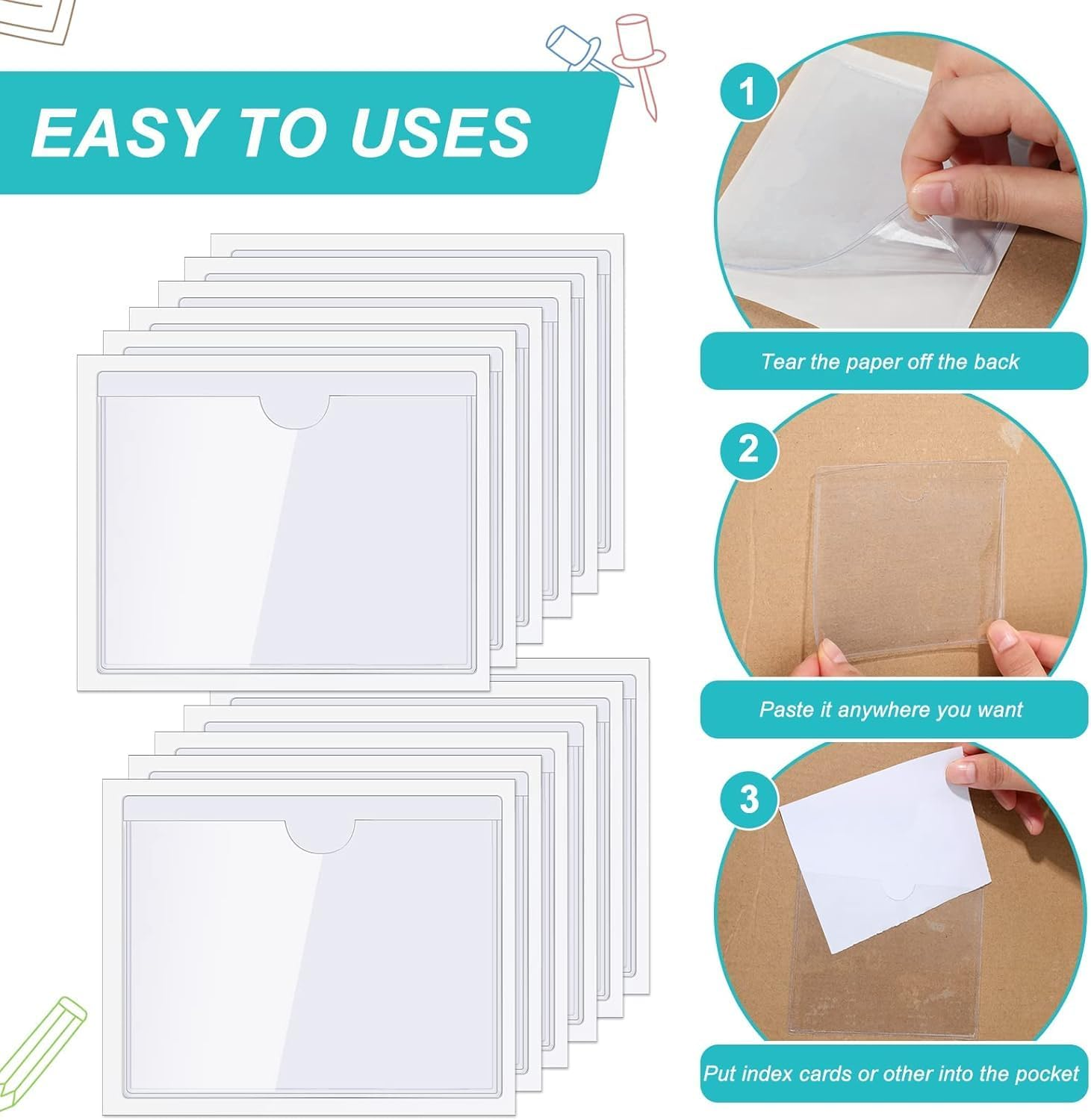 30Pcs Self Adhesive Index Card Pockets Sleeves,Self-Adhesive Index Card Pockets,Self-Adhesive Label Holder Card Pockets Label Holder Clear Library Card Holders for Home Office School Classroom image number 4