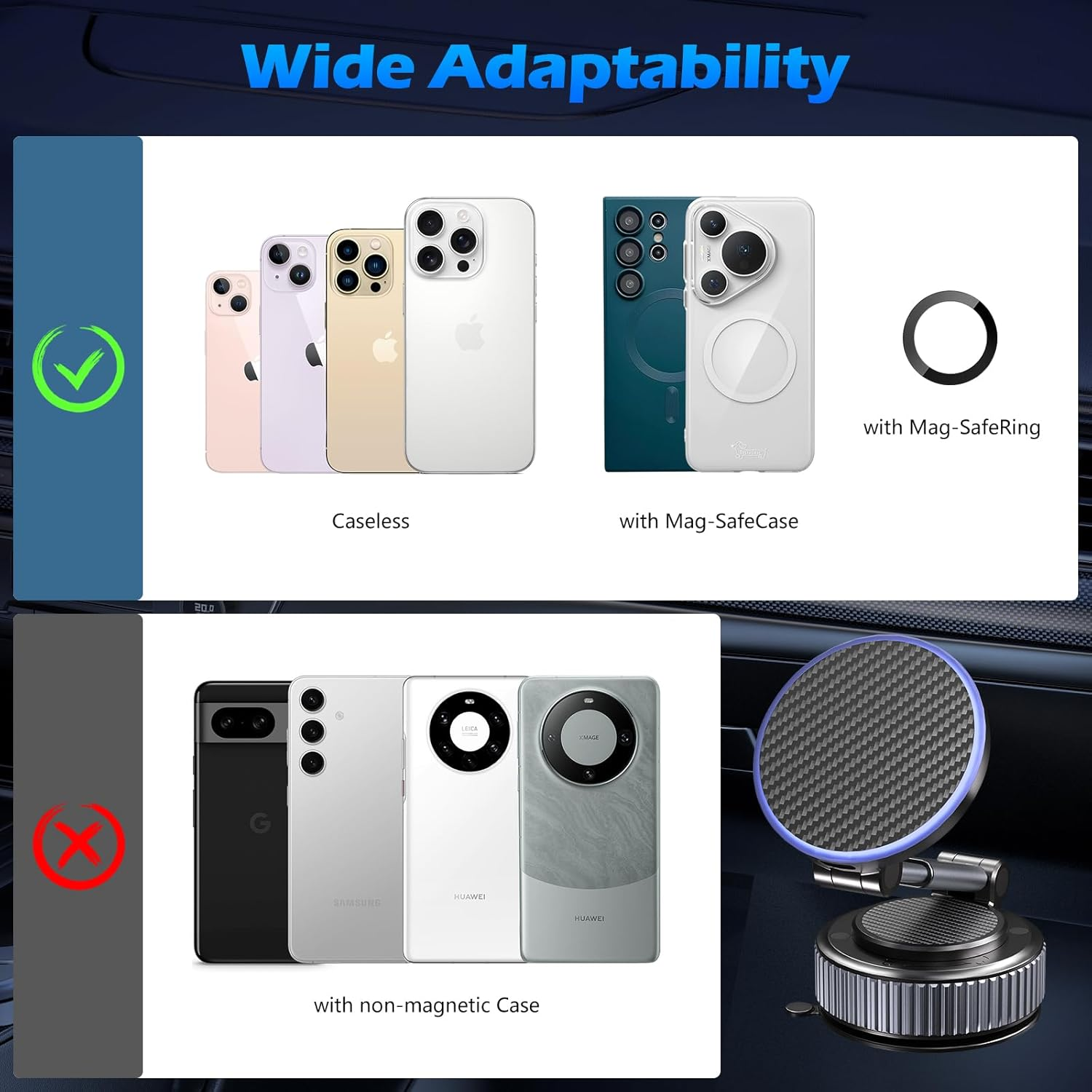 Cloudvalley 15W Wireless Charger Magnetic Car Mount Phone Holder Carbon Fiber, Dashboard/Windshield 360&deg; Adjustable Stand [Compatible with Magsafe] Wireless Charging Arm for Iphone 16/15/14/13/12 image number 3