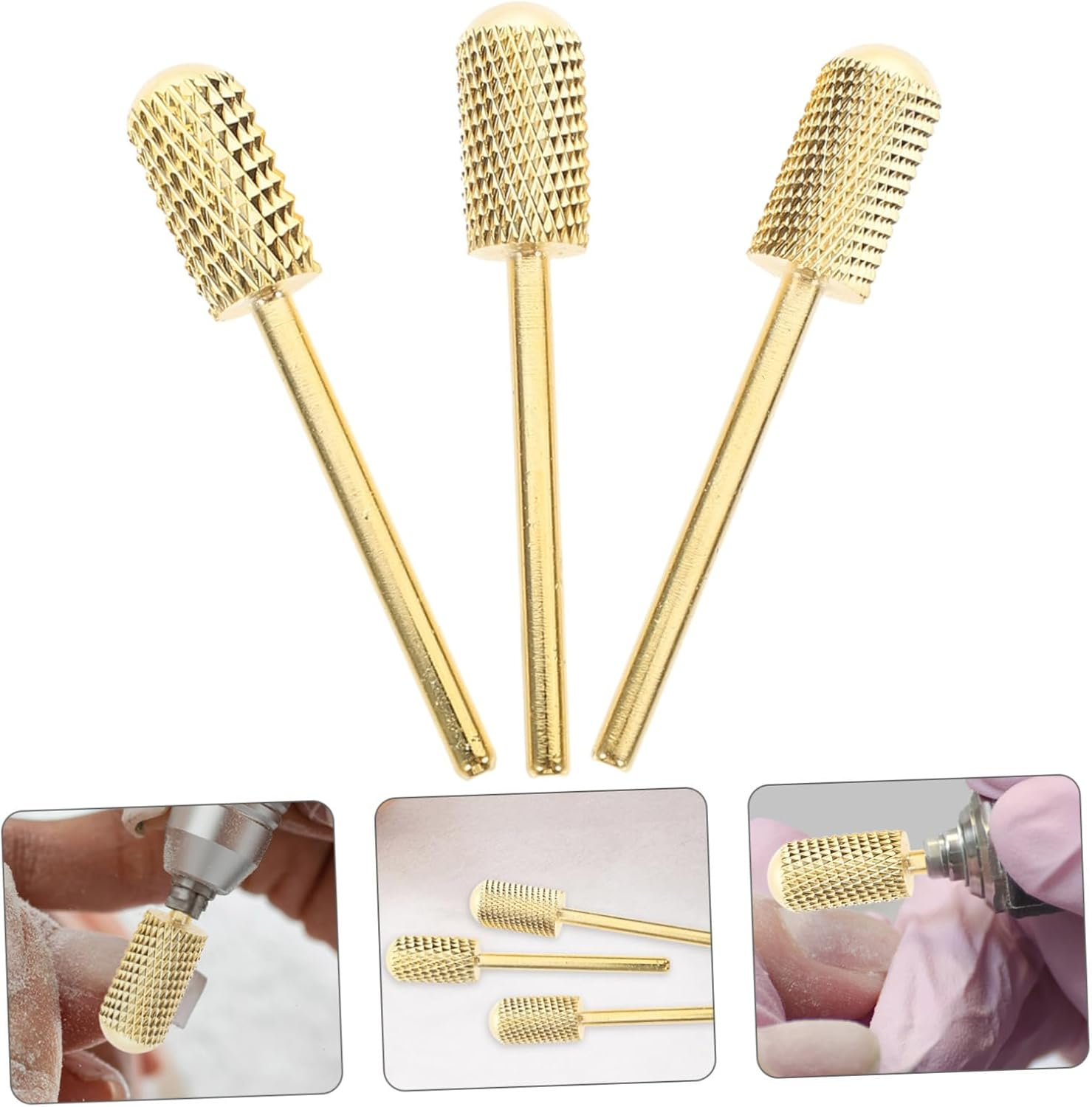 LOORGVEL 3Pcs Gold Tungsten Carbide Nail Drill Bits Set Professional Polishing Tools for Manicure Pedicure Suitable for Acrylic Gel Nails for Home Salon Use