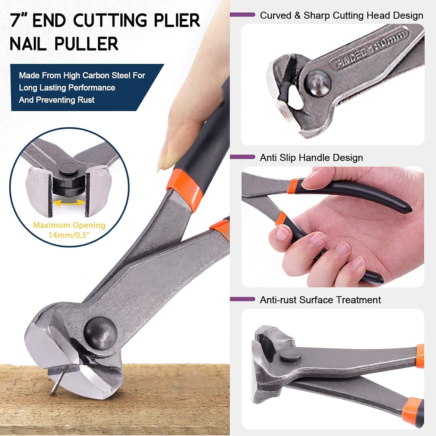 Nail Puller, End Cutting Pliers, Carpenter Tool, Staple Puller, 7Inch, Black image number 3