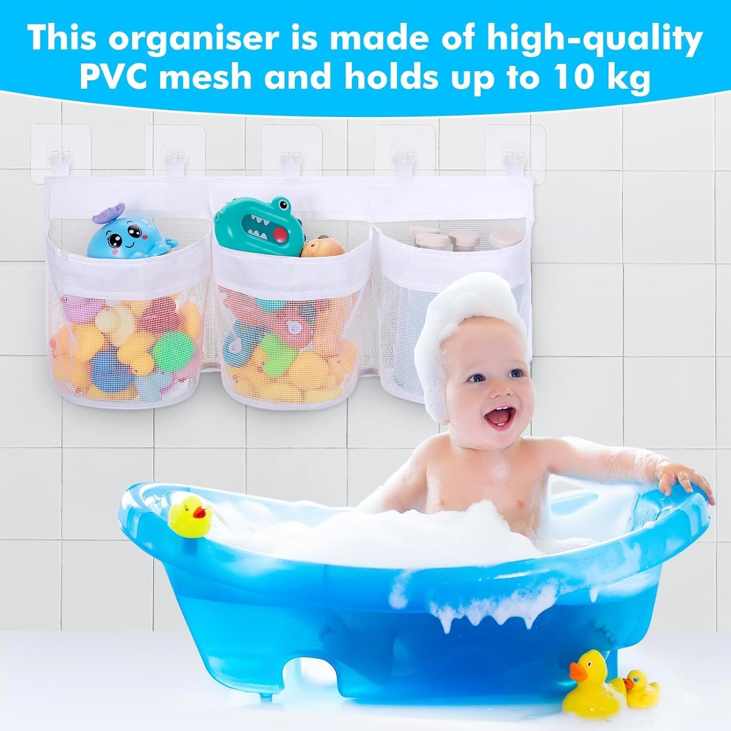 Toy Storage Bags, Hanging Bath Toy Storage Basket, Bath Toy Mesh Bag Bathtub Toy Bag with 5 Ultra Strong Hooks, Bath Toy Holder for Storage and Sorting of Baby Bath Toys (60X25Cm) image number 4