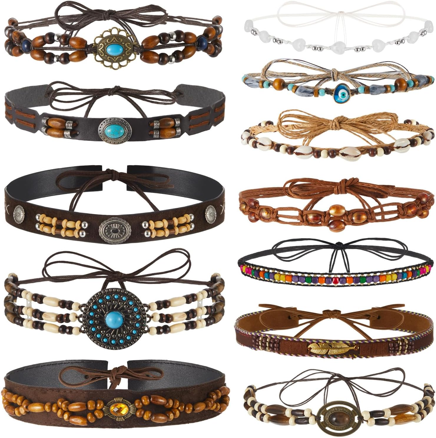 Lyrow 12Pcs Hat Bands for Cowboy Hat Leather Turquoise Beaded Bands Ethnic Western Rural Belts for Women Men Cowgirl(Beads) image number 4