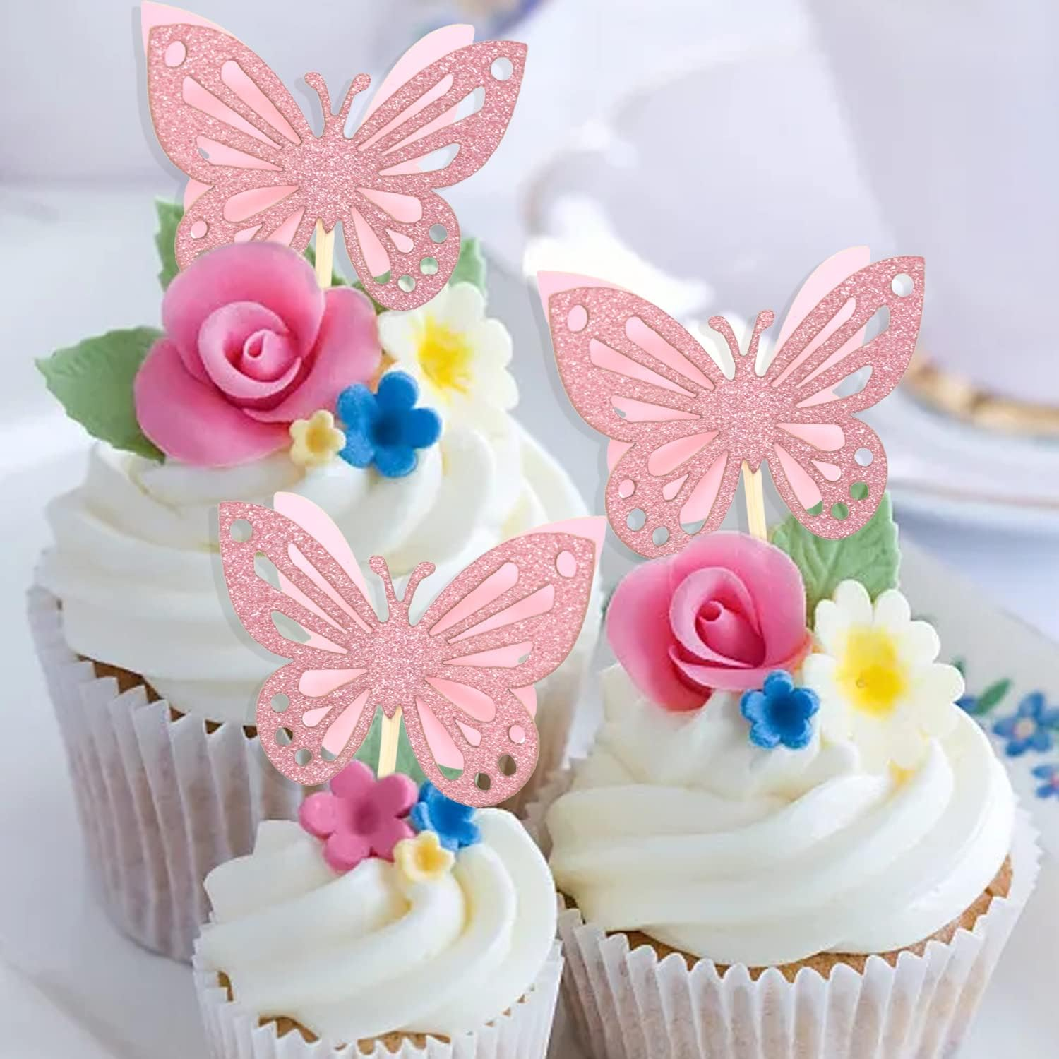 Yueton 24PCS 3D Butterfly Cupcake Toppers Double Layers Glitter Butterfly Cake Toppers Cake Decorations Butterfly Cupcake Picks Cocktail Picks for Theme Party Birthday Wedding Baby Shower Supplies image number 4