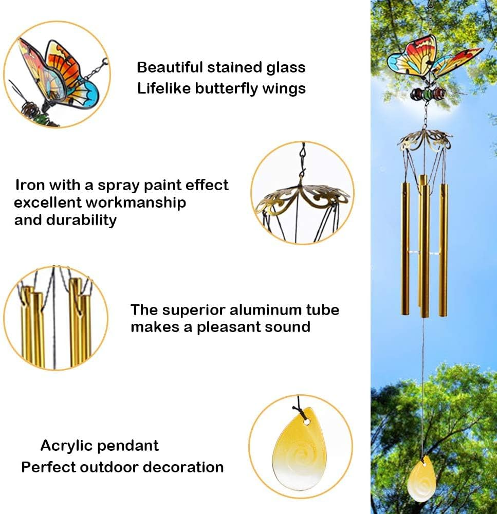 Butterfly Wind Chimes, 70Cm Iron Stained Glass Butterfly Wind Chimes Gifts for Mom Outdoor/Indoor Wind Chimes for Home, Garden, Window, Yard, Patio, Lawn Decoration (Yellow) image number 1