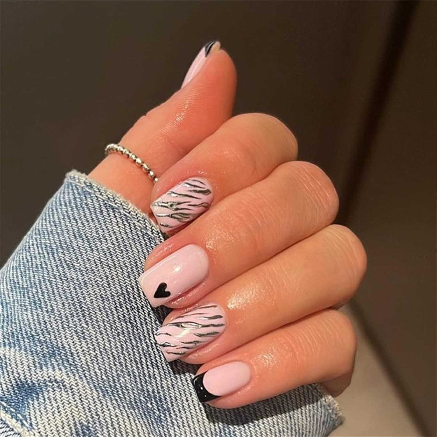 Medium False Nails, Silver Stripes French Nails for Gluing with Adhesive Stickers, 24 Pieces French Press on Nails, on Nails for Women and Girls, Valentine'S Day Fake Nails image number 3