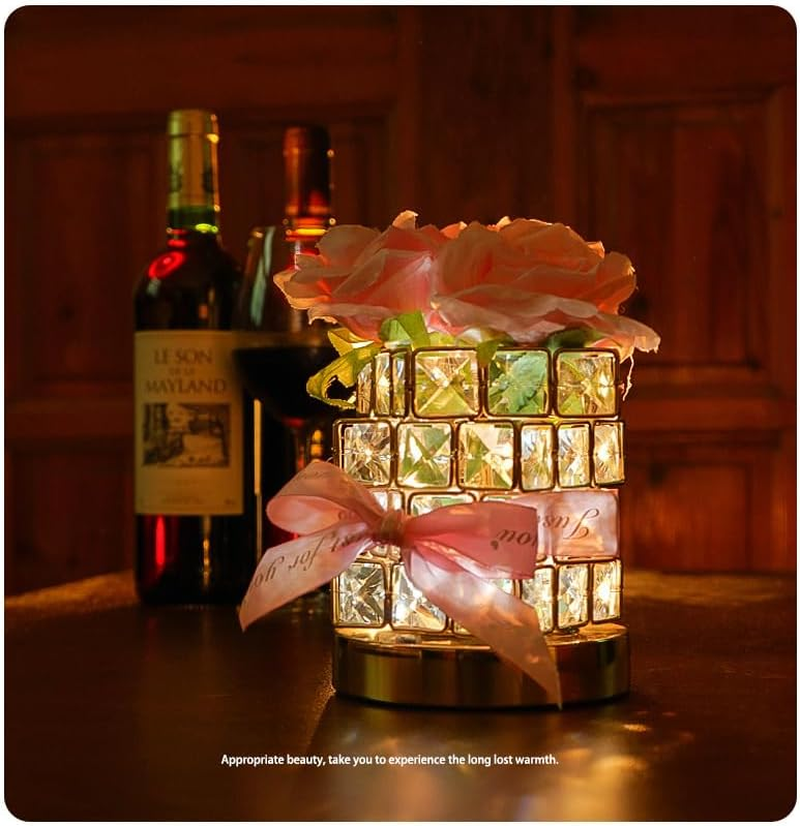 Crystal Table Lamp, Rechargeable Cordless Rose Light 3 Colors Dimmable Flower Lamp, Romantic LED Rose Diamond Lamp for Bedroom Pink Room Decor, for Valentine Birthday Christmas Thanksgiving (Pink) image number 3