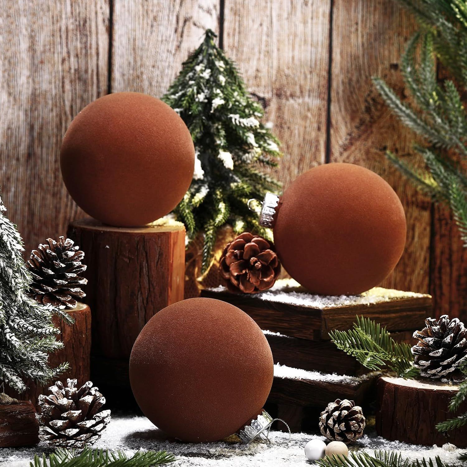 6 Pcs Large Velvet Christmas Ball Ornaments 3.9'' Vintage Neutral Christmas Ornaments Hanging Flocked Christmas Ornaments Christmas Tree Decorations for Holiday Party Xmas (Brown) image number 1