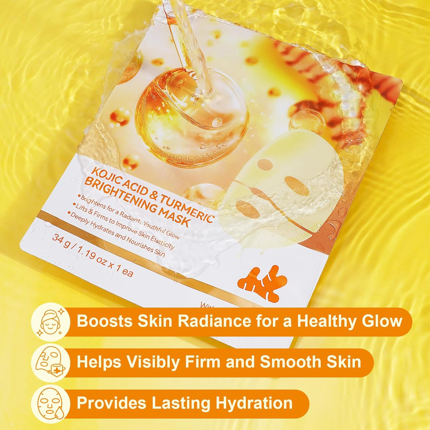 4PCS Kojic Acid & Turmeric Collagen Mask, Hydrating, Firming and Moisturizing, Pore Minimizing, Overnight Face Mask for Glass Glow Skin-Elasticity Improvement, Even Skin Tone