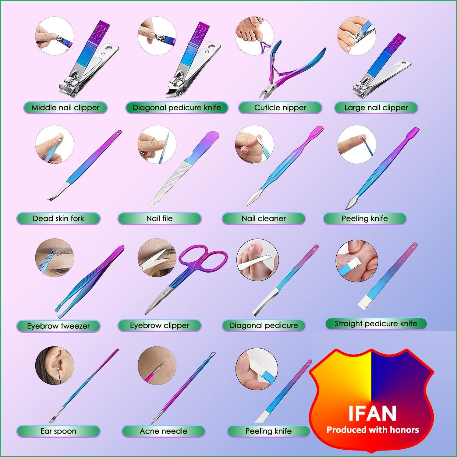 IFAN&trade; Professional Nail Clipper Nail File Nail Cutter 12PCS in 1 Rainbow Stainless Steel Manicure Set Pedicure Combo Facial Care Tools for Household Travel Portable