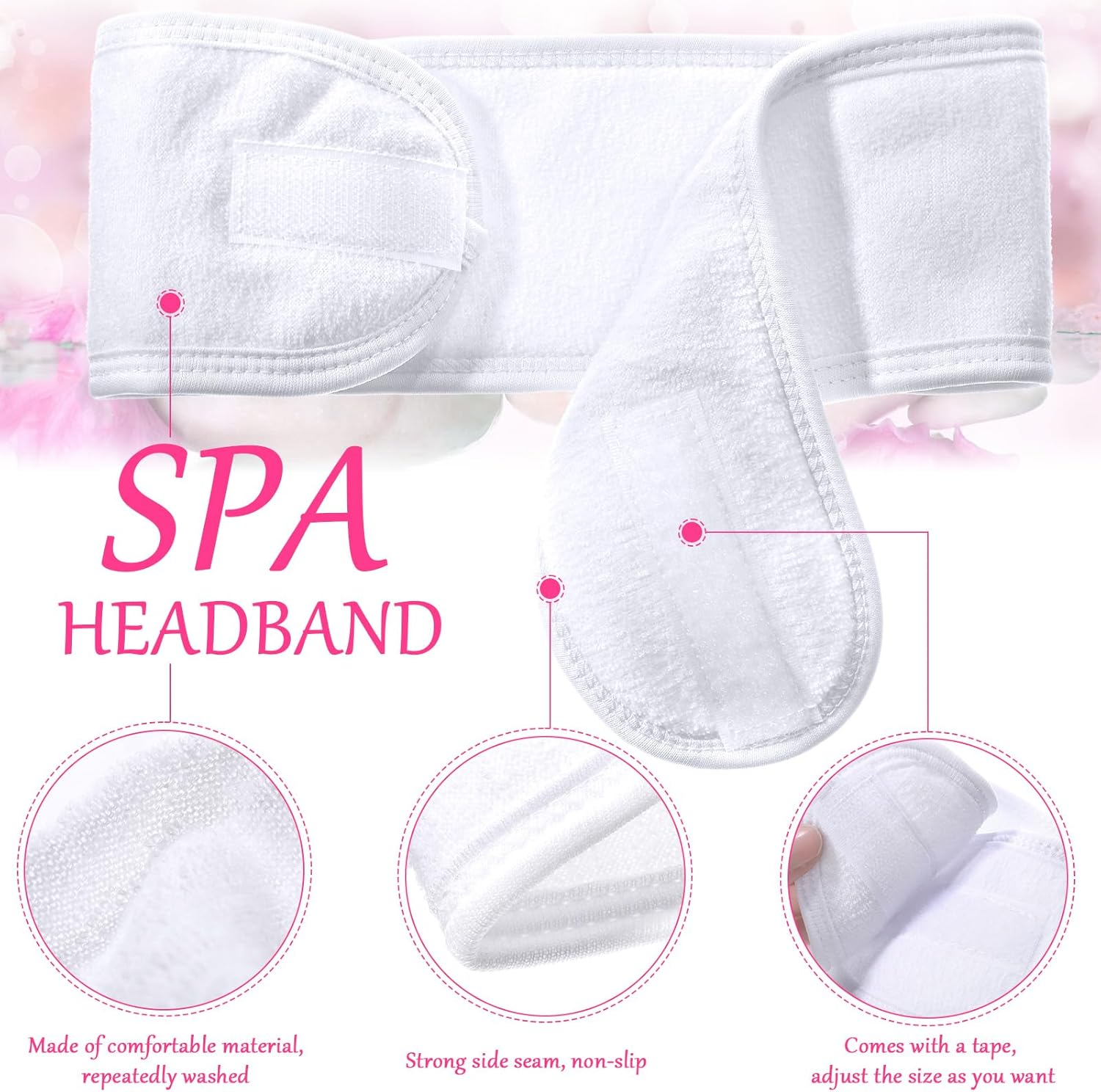 Hoteam 30 Pack Spa Headband Facial Esthetician Hair Wrap for Women Adjustable Makeup Sports Shower Stretch Towel with Tape(White) image number 5