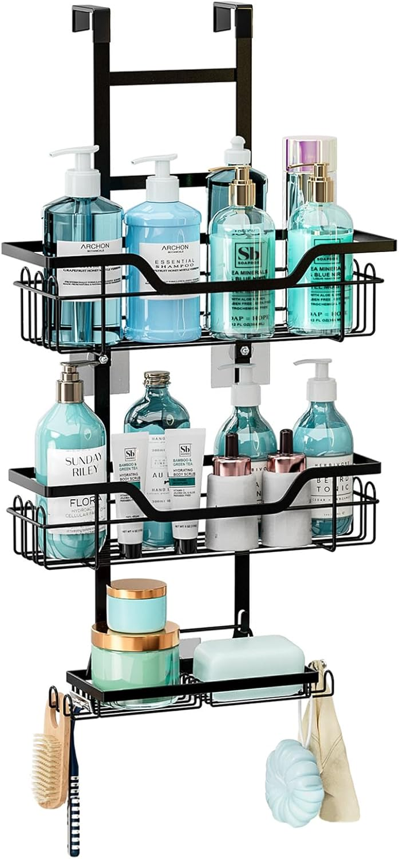 Over the Door Shower Caddy, 3 Tier Hanging Shower Organizer, Metal Hanging Shower Caddy Shower Shelf with Soap Holder and 16 Hooks, Rustproof Bathroom Shower Storage Rack Basket, No Drilling, Black image number 6