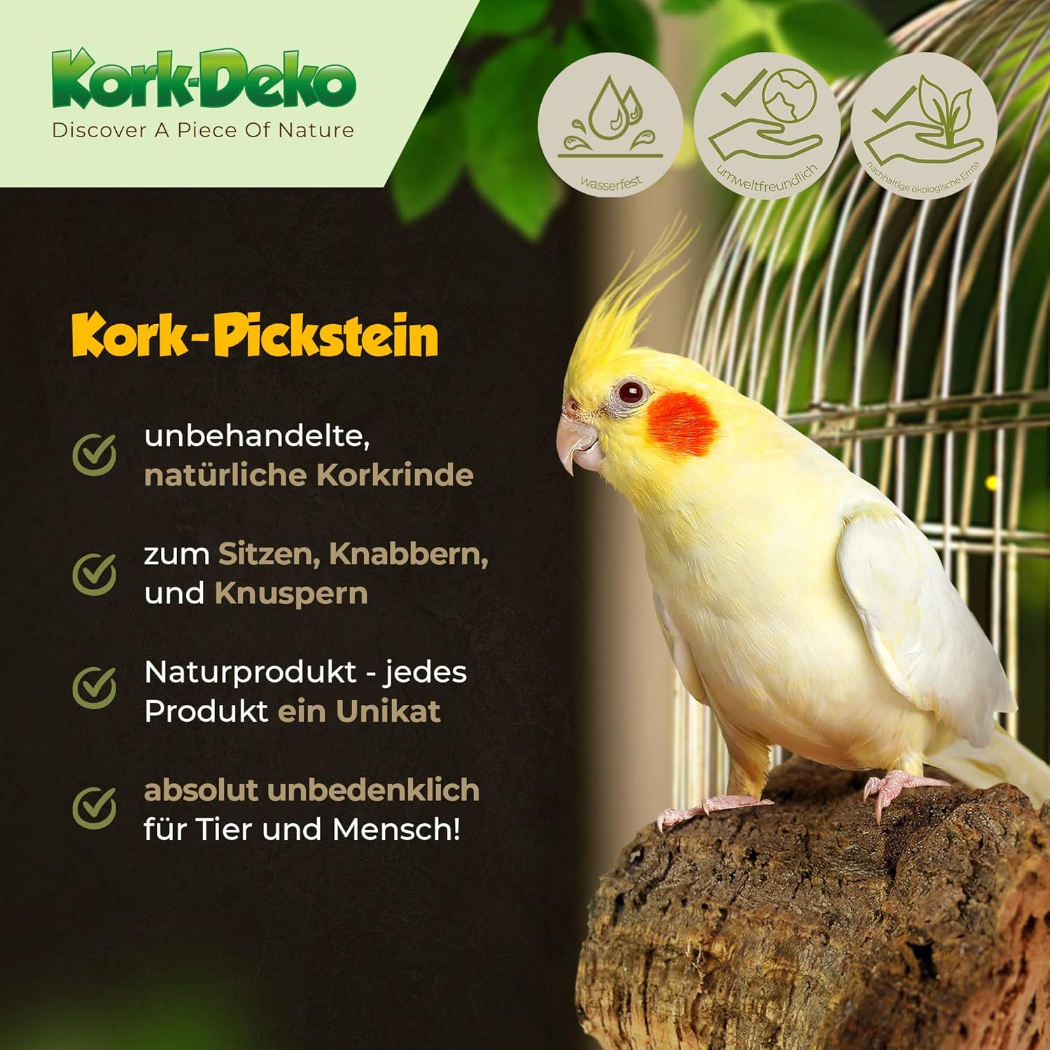 XL Cork Pick Stone for Birds and Rodents Pick Stone Made of Natural Cork (Natural Cork Bark) for Grinding and Crunching Disinfected, Bird Accessories & Toys Made of Cork, Stainless Steel Fixing image number 3