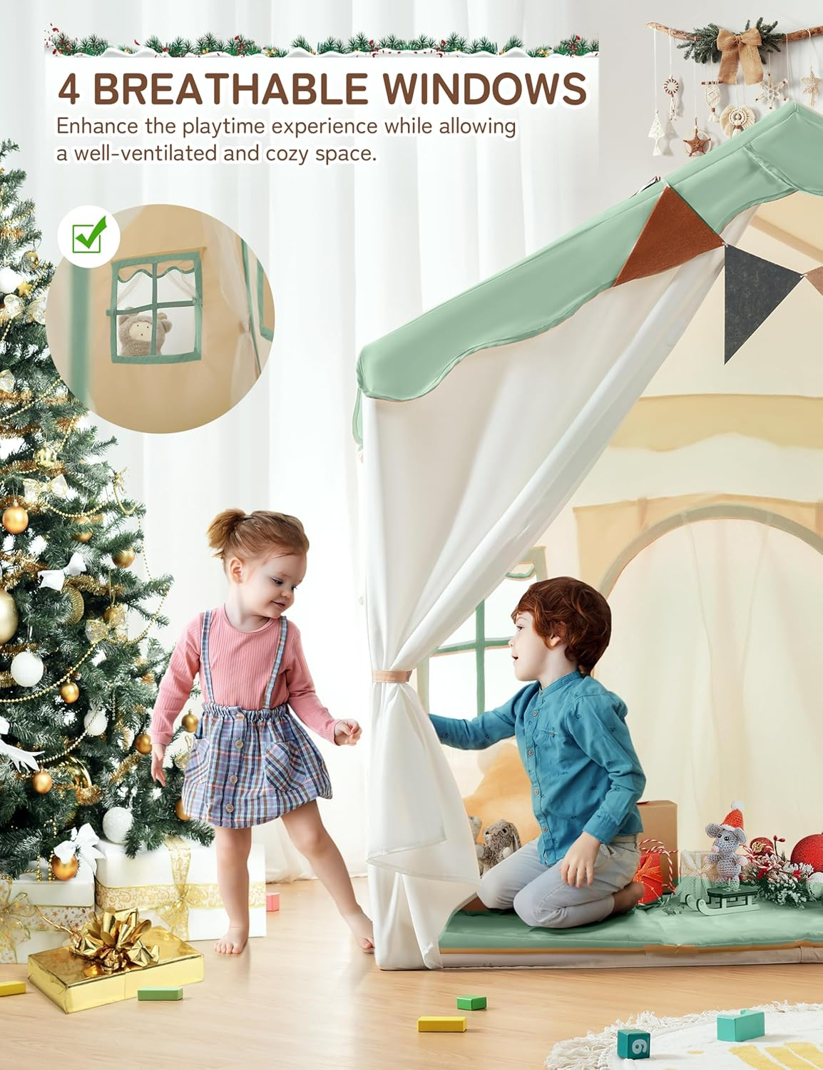 Kids Play Tent, Kids Playhouse 2 in 1 with Padded Mat, Indoor & Outdoor,130 X 89 X 130 Cm, Mint Green and White image number 3