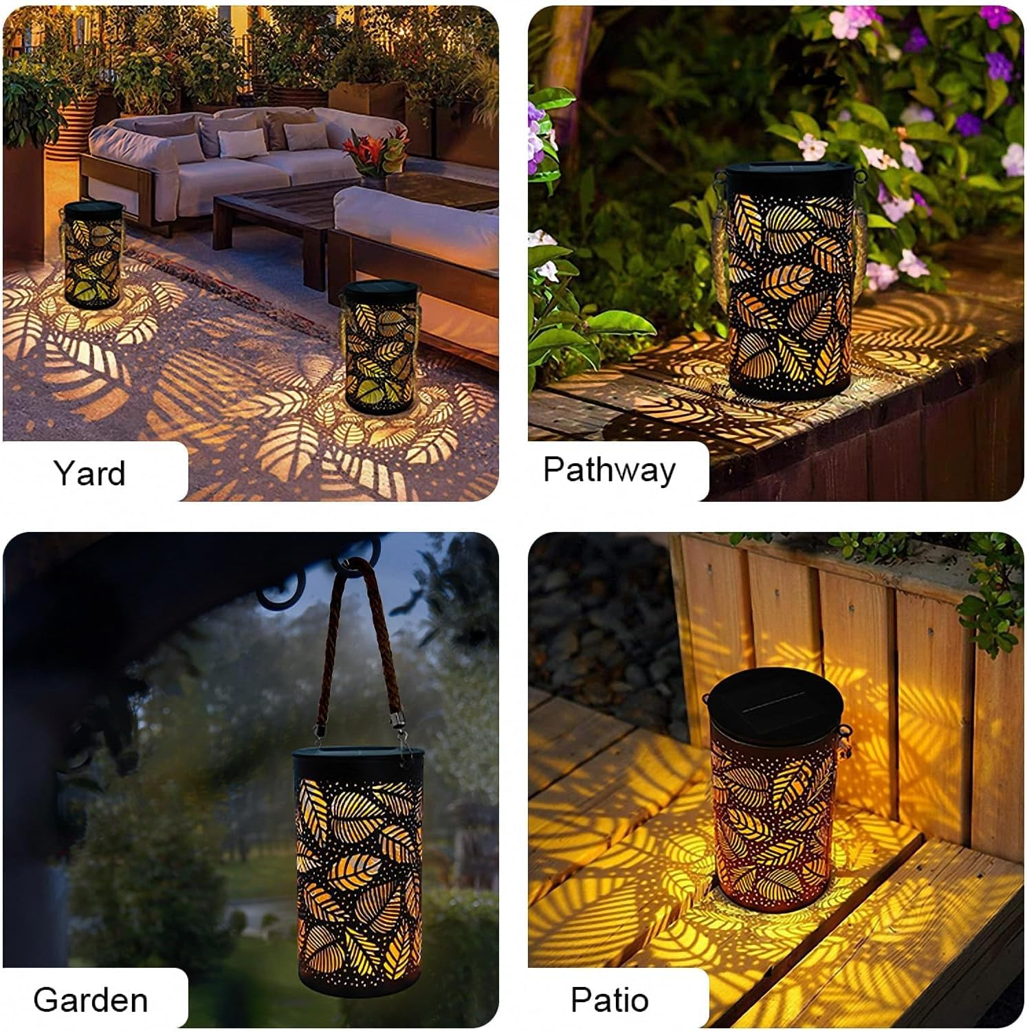 Ironwork Solar Lanterns Outdoor Hanging Lights, Metal Solar Powered Table Lamp Hollowed Out Waterproof Lanterns for Garden Decor outside Patio Yard Pathway (Leaves) image number 6