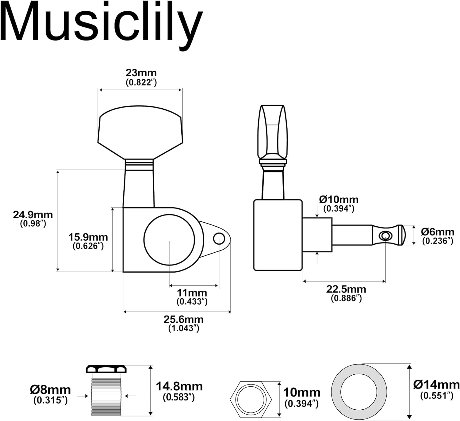 Musiclily Pro R15J 3R3L 15:1 Ratio Full Sealed Machine Heads Tuners Tuning Pegs Keys with Big Hex Button Right Angle Screw for Acoustic Electric Guitar, Black image number 1