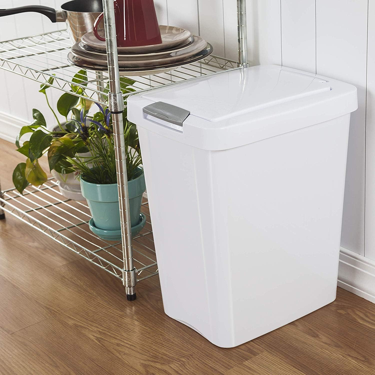 Sterilite 28L Touch-Lid Kitchen Bin | Slim, Space Saving Plastic Waste Basket with Touchtop Lid | Easy Clean Rubbish Bin for Kitchen, Bathroom, Office and Home Use | Polished Surface, White