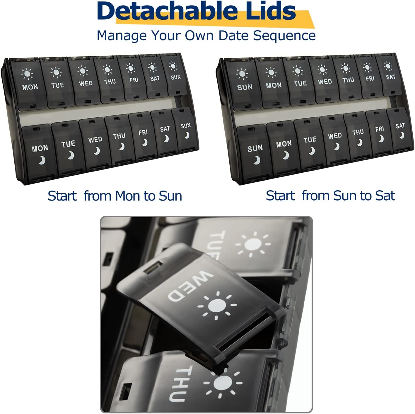 Xl Large Pill Organizer 7 Day, Weekly Medicine Pill Box 2 Times a Day，Am Pm Pill Case Organizer 14 Compartments with Hinged Lids Design，Daily Vitamin Box Pill Dispenser for Fish Oil/Supplements(Black) - Rainbow image number 2