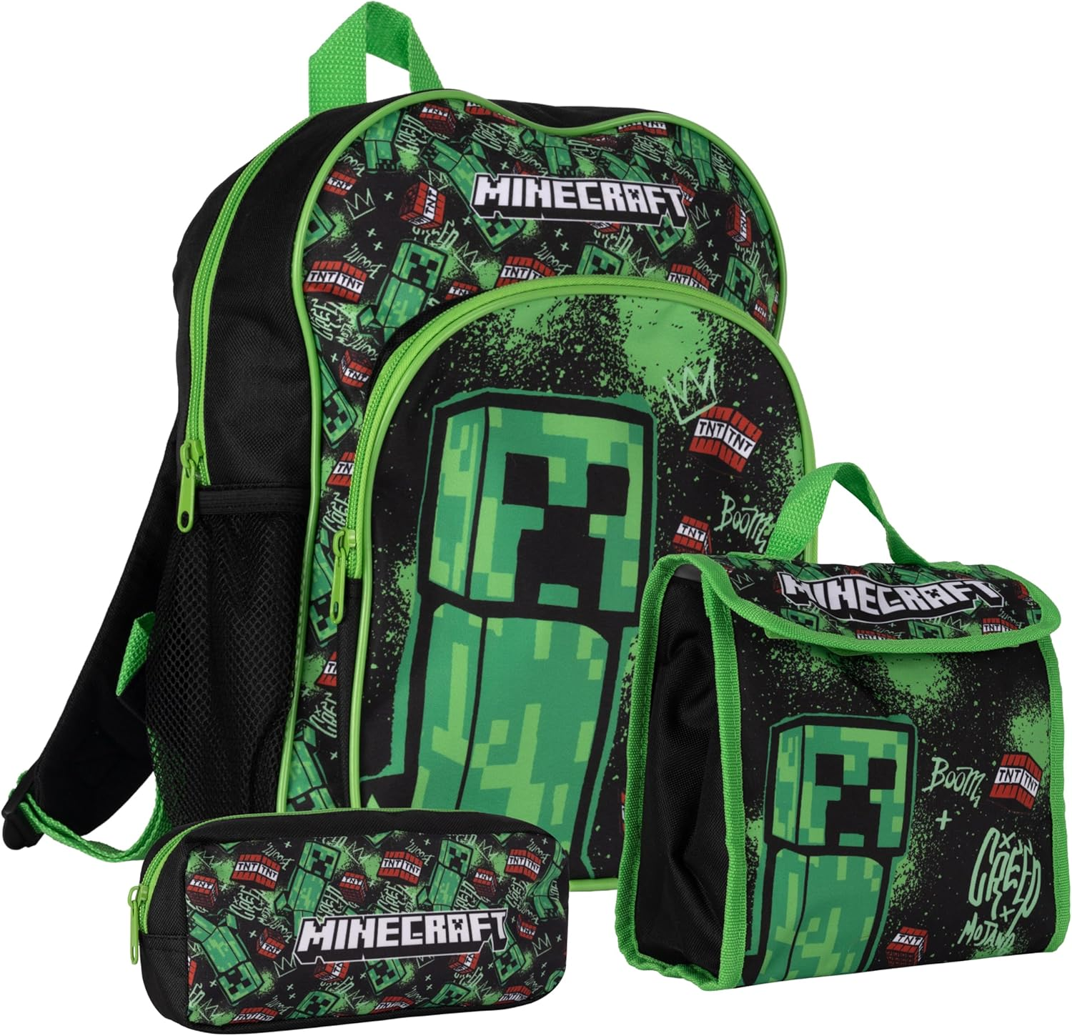 Minecraft TNT Backpack Set 3 Pieces Backpack Lunch Bag and Pencil Case (Green AOP)