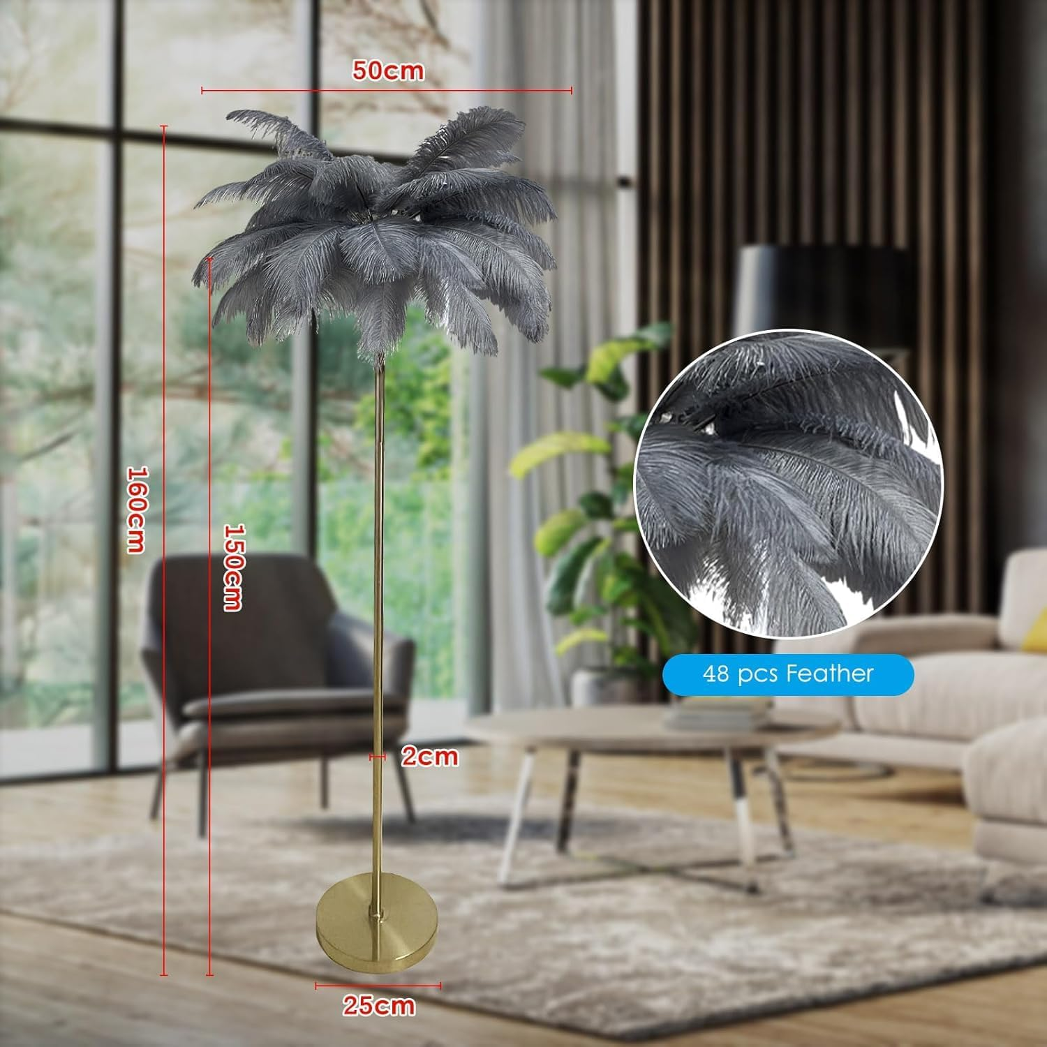 Luxurious Ostrich Feather Floor Lamp&ndash;This Elegant Floor Lamp Features 48 Natural Ostrich Feathers, Offering a Soft, Warm Glow and Creating a Glamorous Atmosphere in Your Living Room image number 5