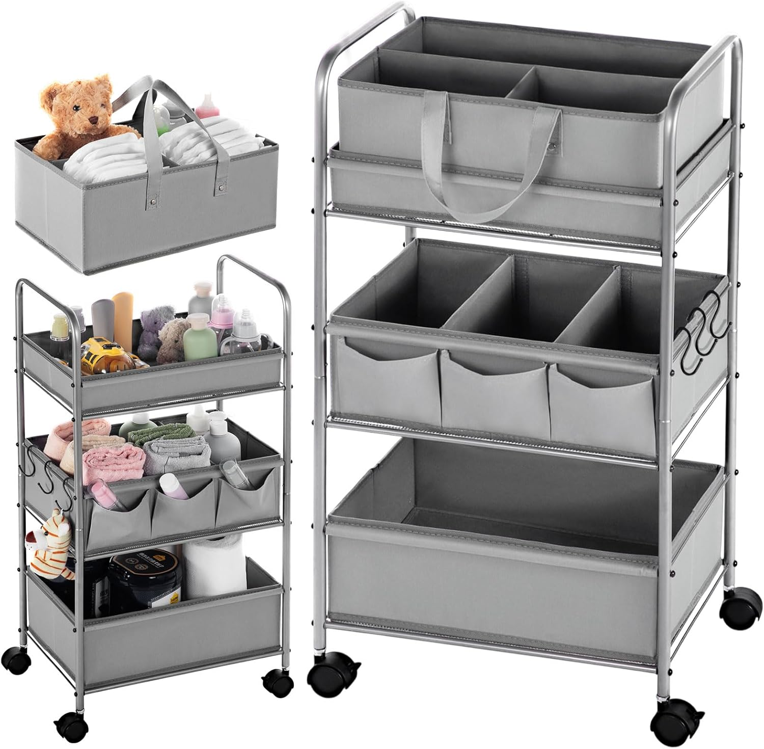 Honeydak 2In1 Baby Diaper Caddy Organizer Cart 3 Tier Large Capacity Metal Utility Bedside Rolling Cart with Divider for Newborn Nursery Essential Must Have for Crib Bedroom Baby Shower(Gray)