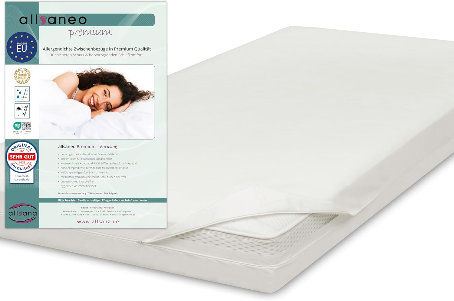 Allsaneo Premium Encasing Mattress Cover 160 X 200 X 24 Cm, Allergy Sufferers Bed Linen, Extra Soft and Light, Anti-Dust Mite Intermediate Cover for Mattress image number 3