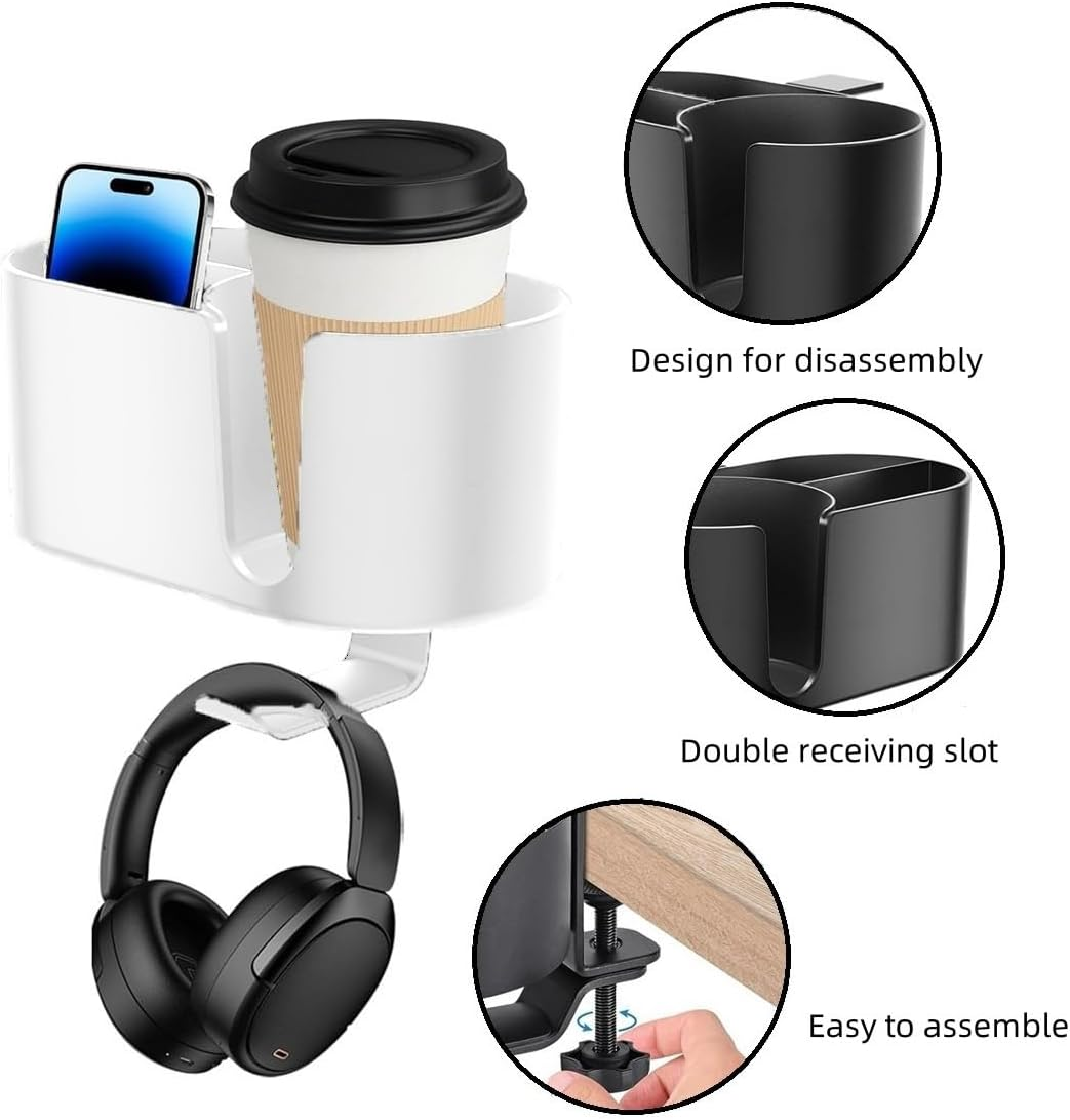 XINYUICEAN 4 in 1 Desk Cup Holder Headphone Hanger,Clamp on under Desk Headphone Hanger, Multifunctional Phone Storage Box Desktop Organizer for Nightstand Workstation (White) image number 5