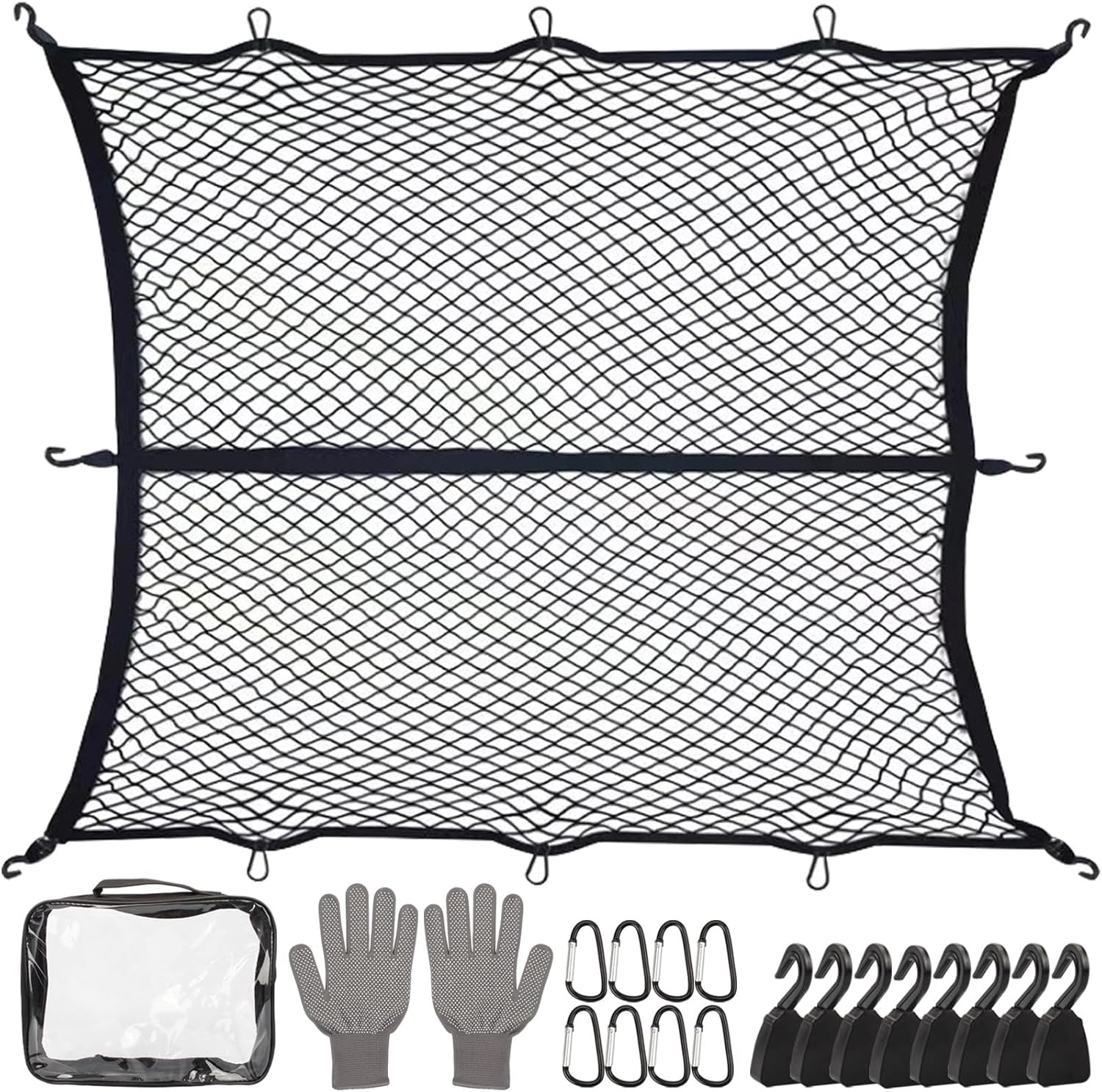 Cozy Core Upgraded 8-Hook Elastic Truck Bed Cargo Net, Adjustable 4X4Ft to 8X8Ft, Heavy-Duty Stretchable Design for Dodge Ford Chevy Pickups SUV Racks, Includes ABS Carabiners & Work Gloves