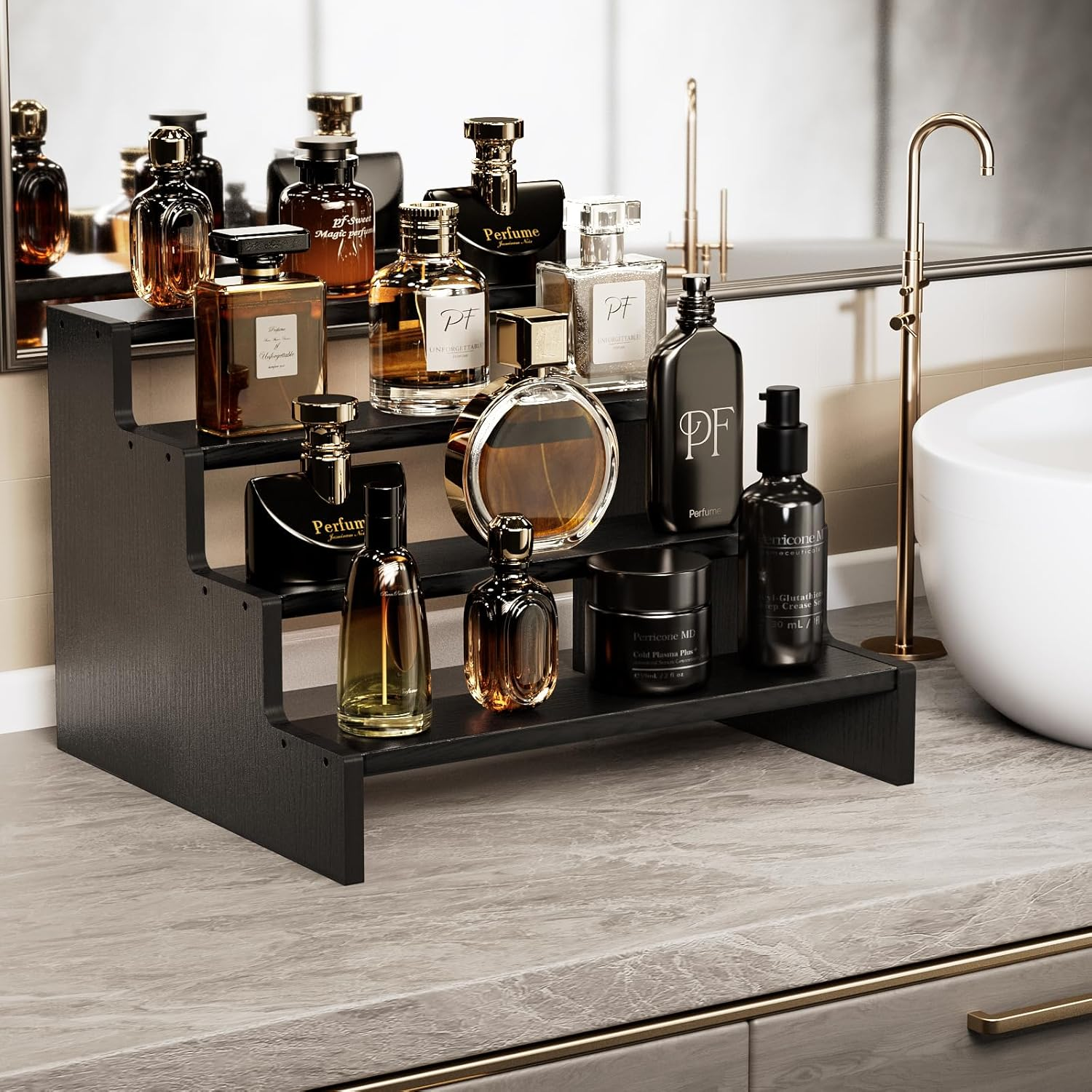 Procase Wooden Cologne Organizer for Men, 4 Tier Perfume Organizer Display Risers, Mens Cologne Stand Holder Organizer, Cologne Shelf Rack for Fragrances Candles Cosmetics Cupcake Figure -Black image number 2