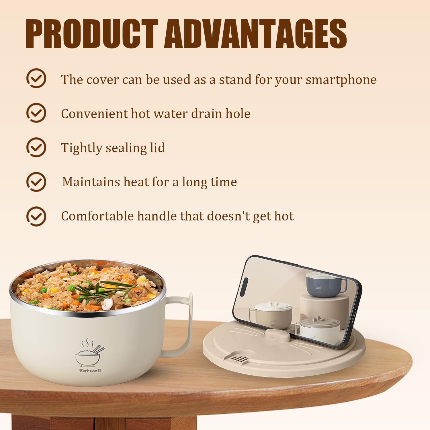 Ramen Bowl Set Noodle Bowls with Lid and Handles, Stainless-Steel Bowls with Drain Hole, Multifunctional Bowl Sets, BPA Free and Dishwasher Safe for Office College Dorm Room Instant Cooking - Beige image number 6